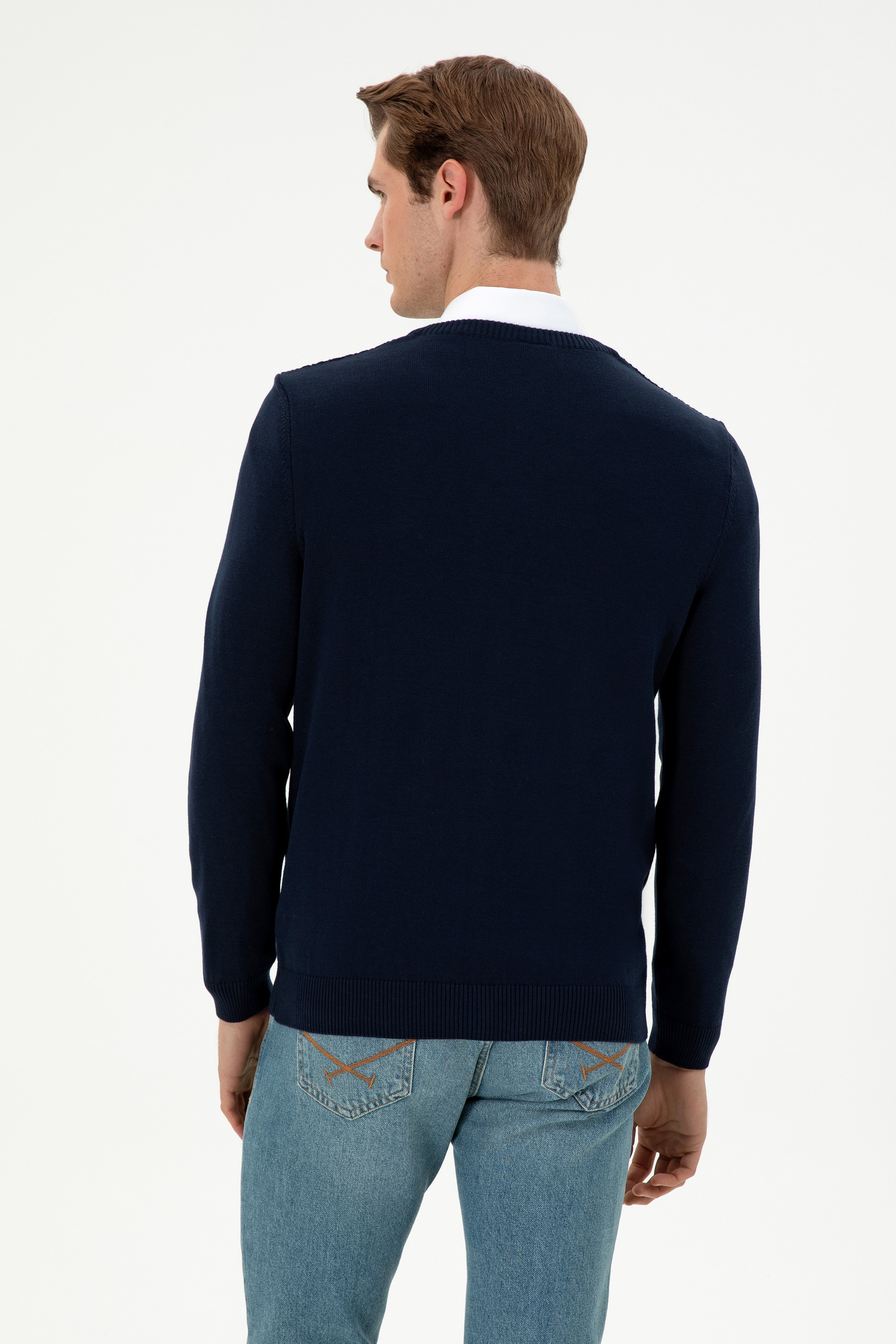 Erkek Slim Fit V Yaka Lacivert Kazak - Image 5