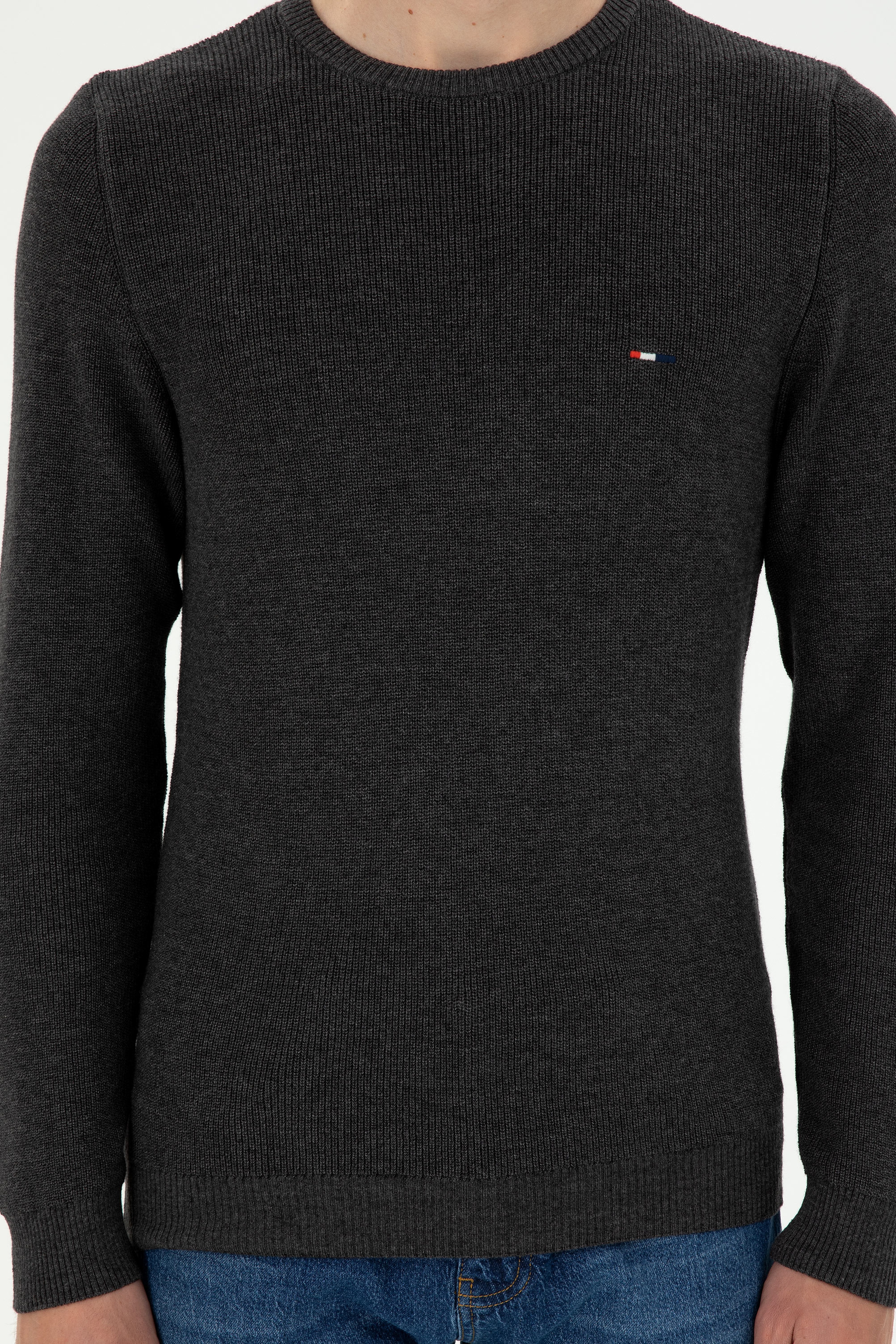 Erkek Slim Fit Bisiklet Yaka Antrasit Melanj Basic Kazak