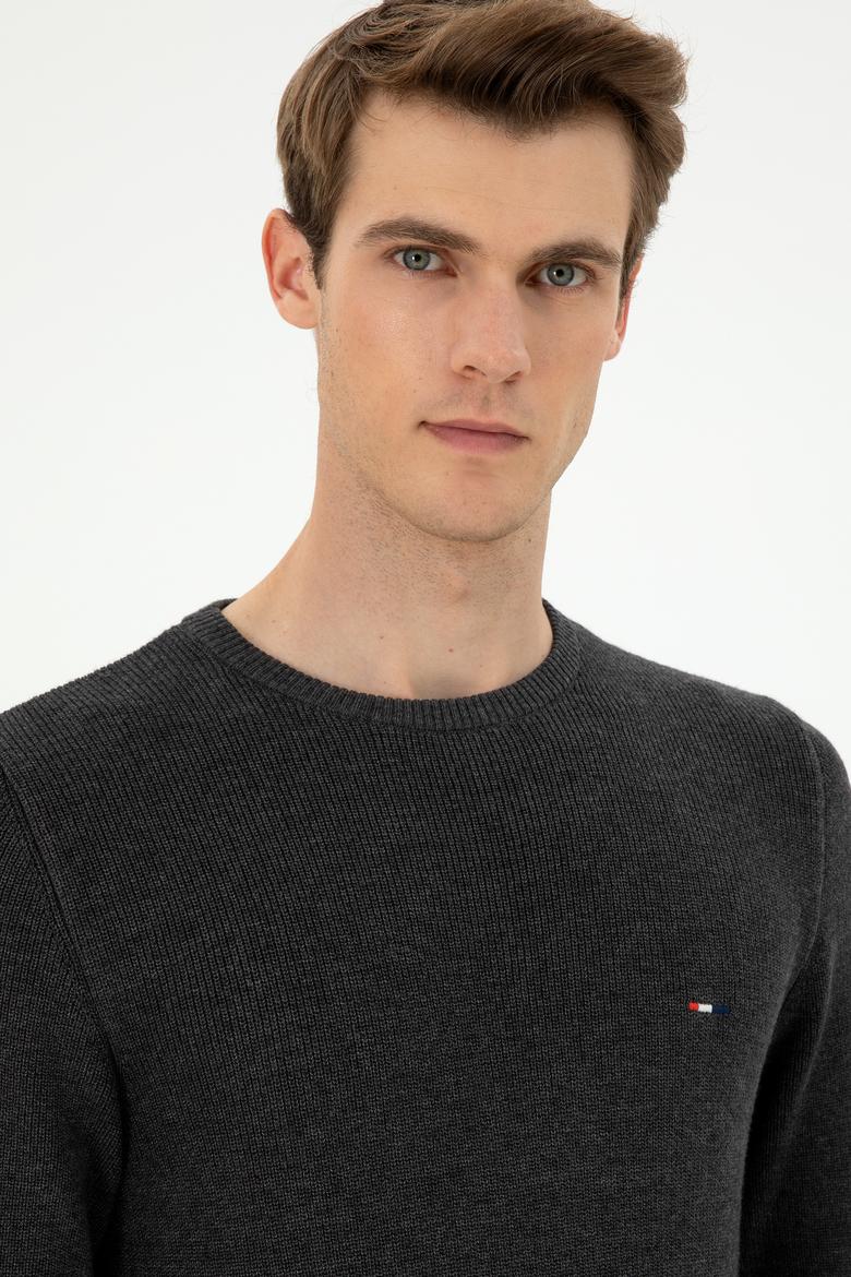 Erkek Slim Fit Bisiklet Yaka Antrasit Melanj Basic Kazak - 50298282013