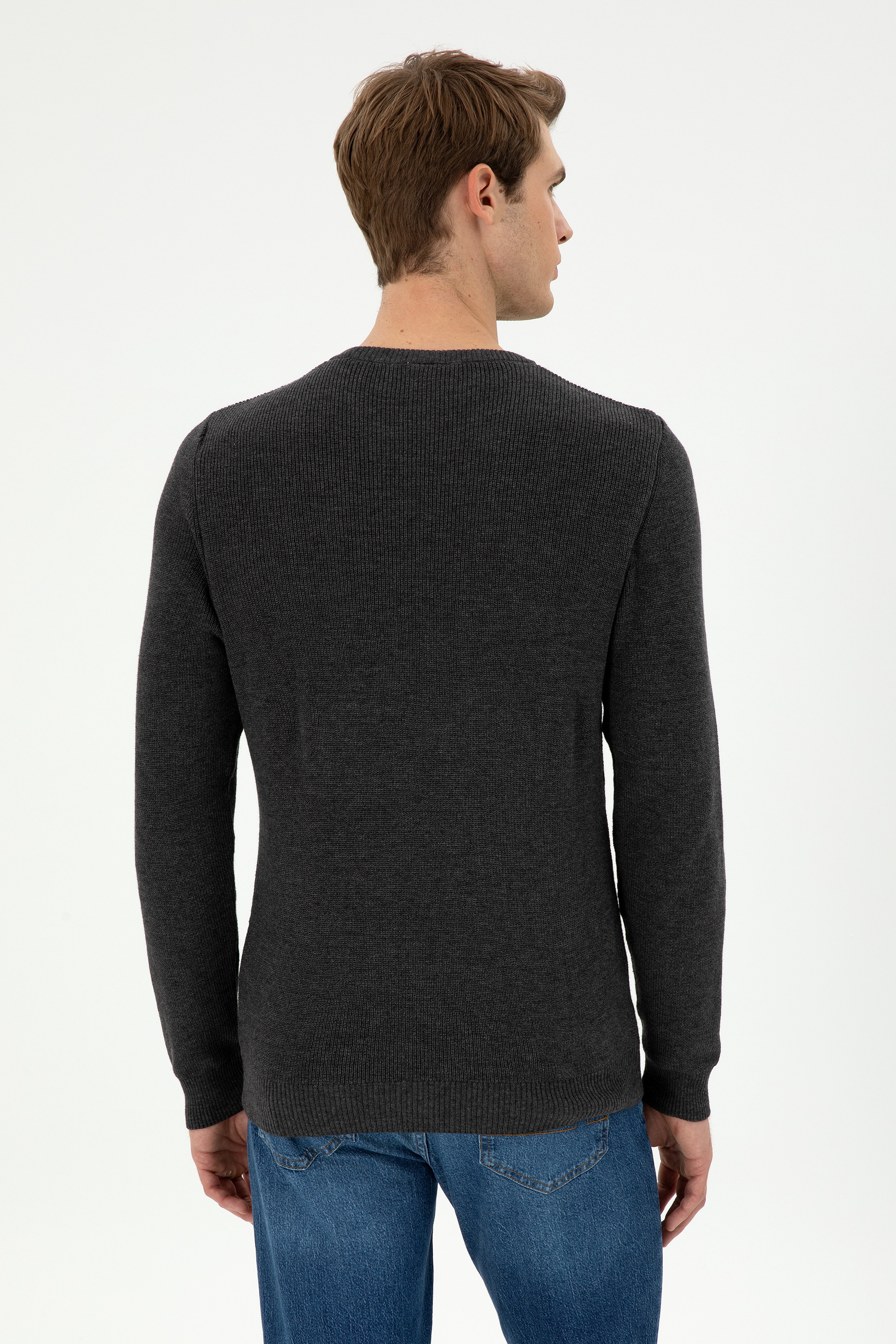 Erkek Slim Fit Bisiklet Yaka Antrasit Melanj Basic Kazak