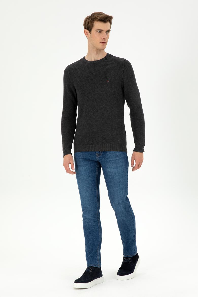 Erkek Slim Fit Bisiklet Yaka Antrasit Melanj Basic Kazak - 50298282013