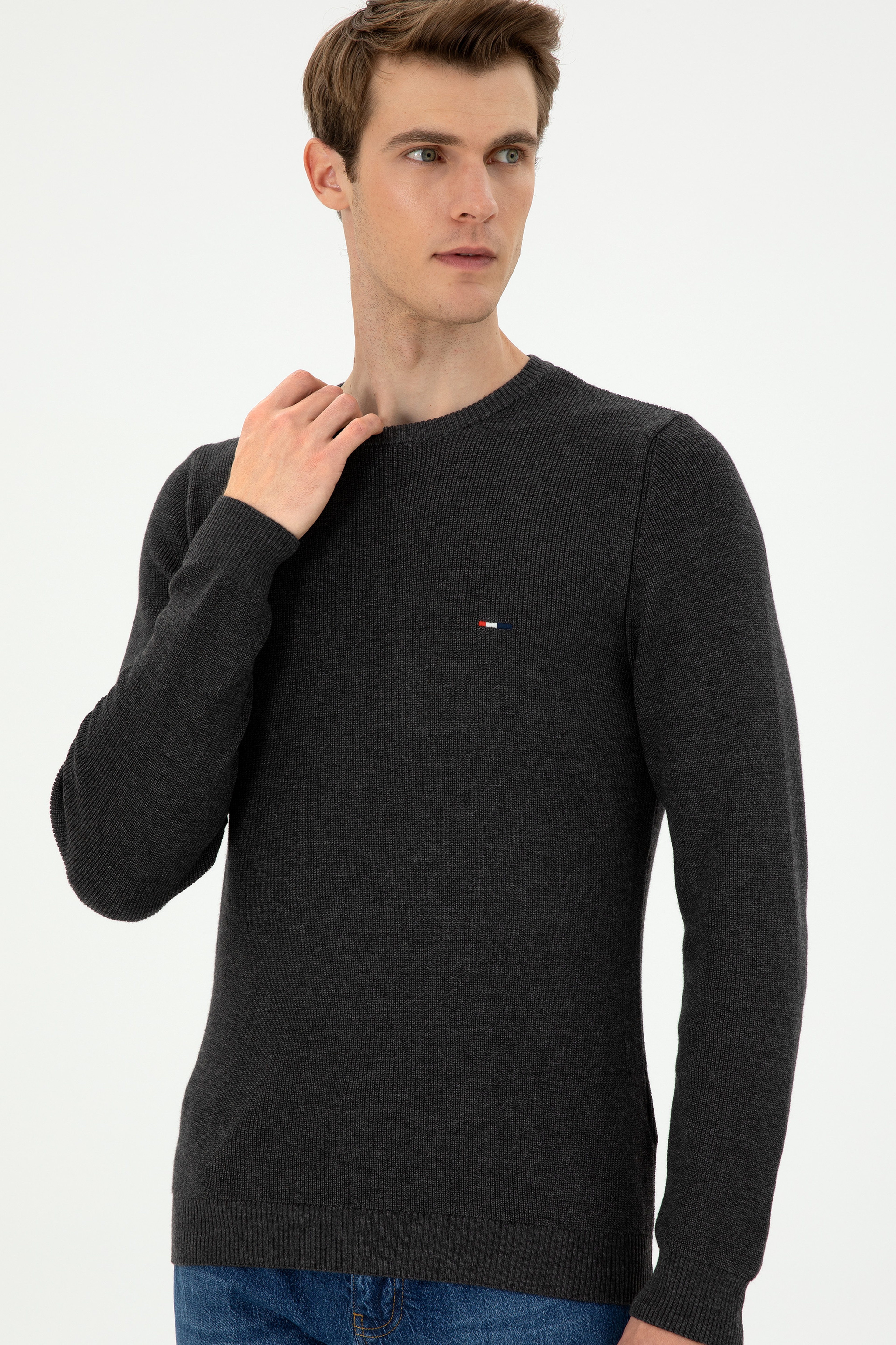Erkek Slim Fit Bisiklet Yaka Antrasit Melanj Basic Kazak - Image 3