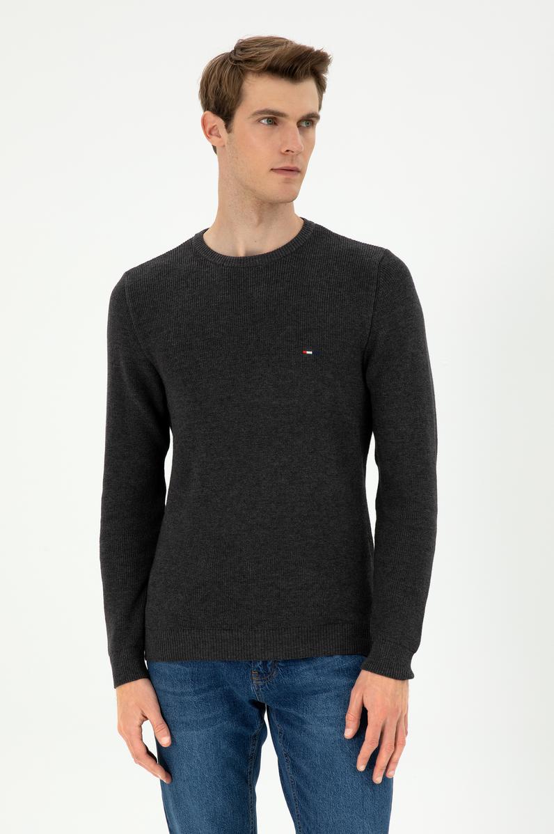 Erkek Slim Fit Bisiklet Yaka Antrasit Melanj Basic Kazak