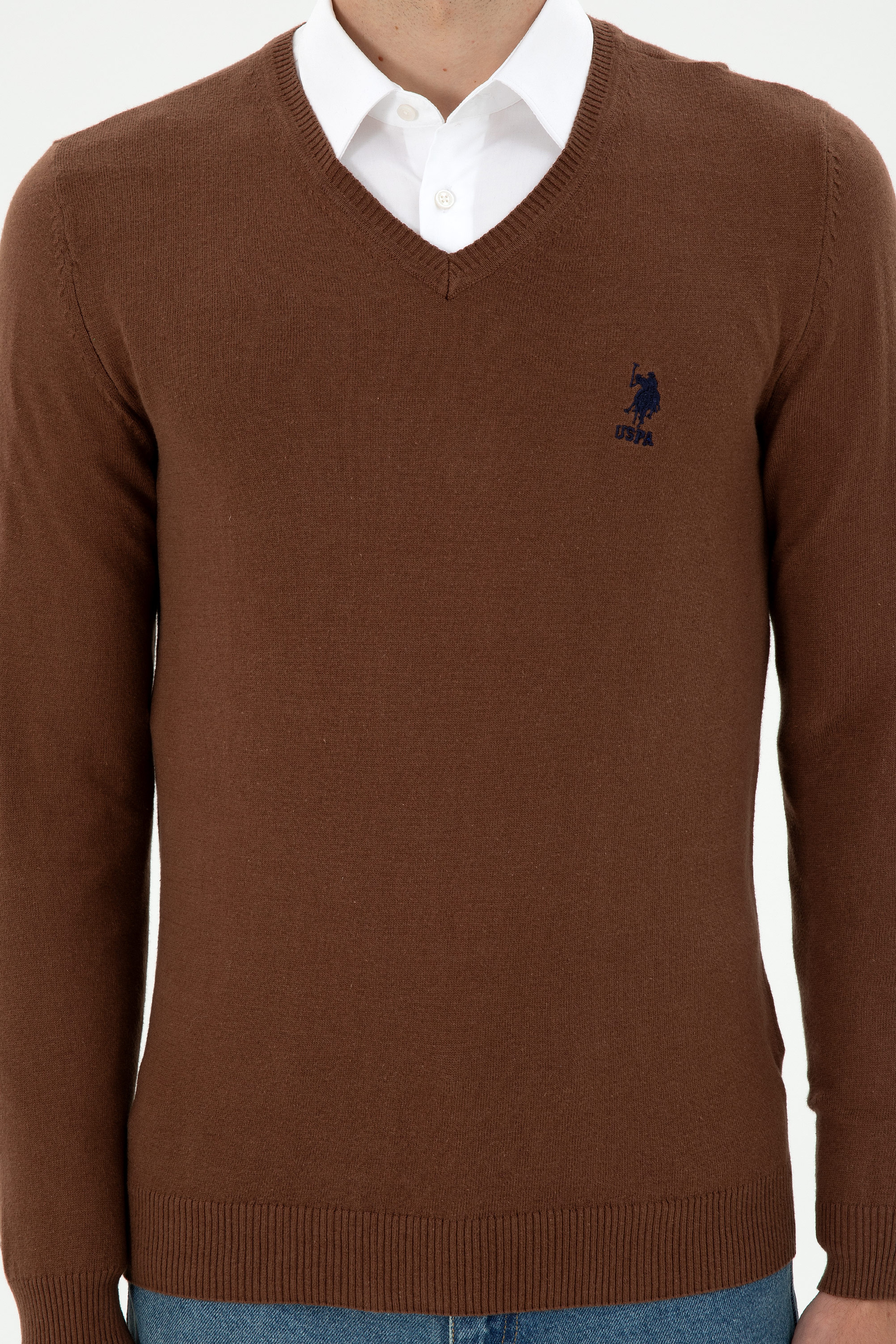 Erkek Slim Fit V Yaka Kahverengi Basic Kazak
