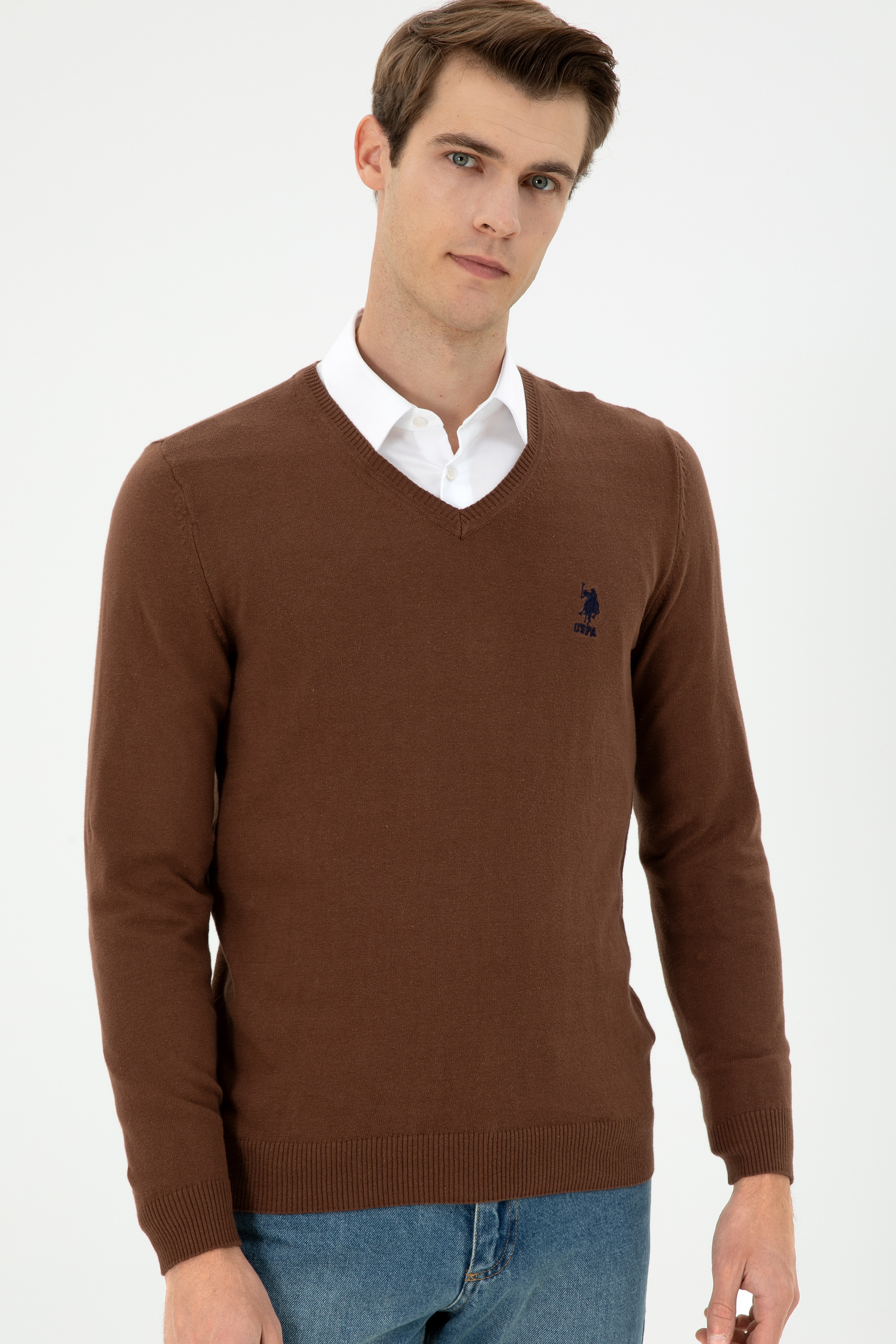 Erkek Slim Fit V Yaka Kahverengi Basic Kazak