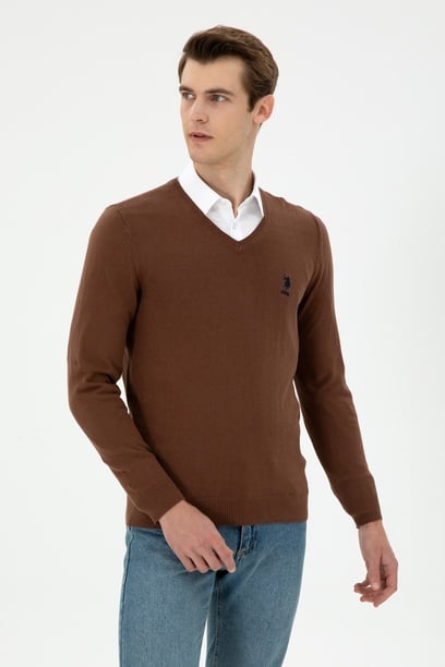 Erkek Slim Fit V Yaka Kahverengi Basic Kazak