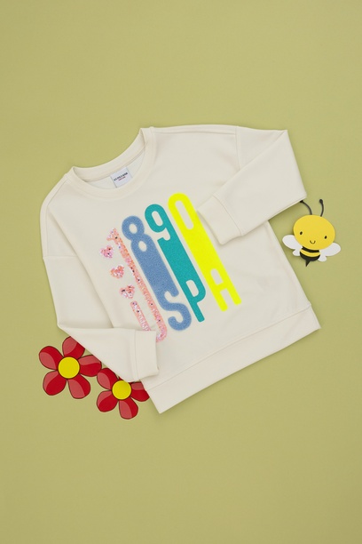 Kız Çocuk Krem Bisiklet Yaka Sweatshirt