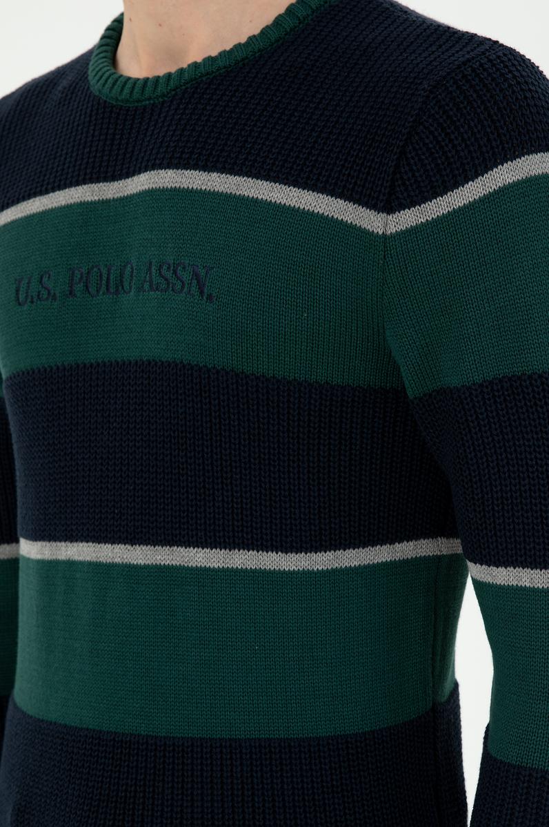 Erkek Slim Fit Bisiklet Yaka Koyu Yeşil Kazak