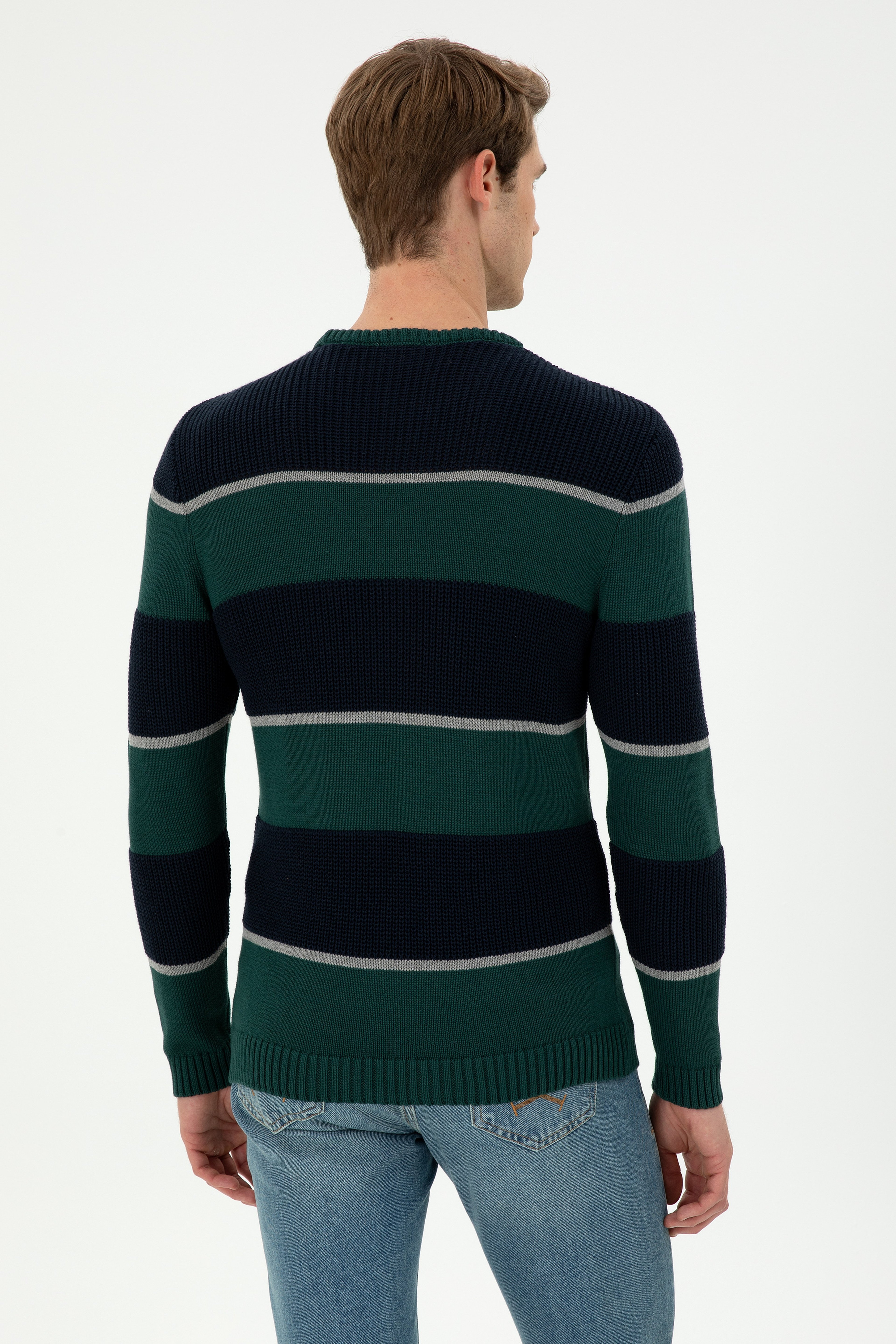 Erkek Slim Fit Bisiklet Yaka Koyu Yeşil Kazak - Image 5