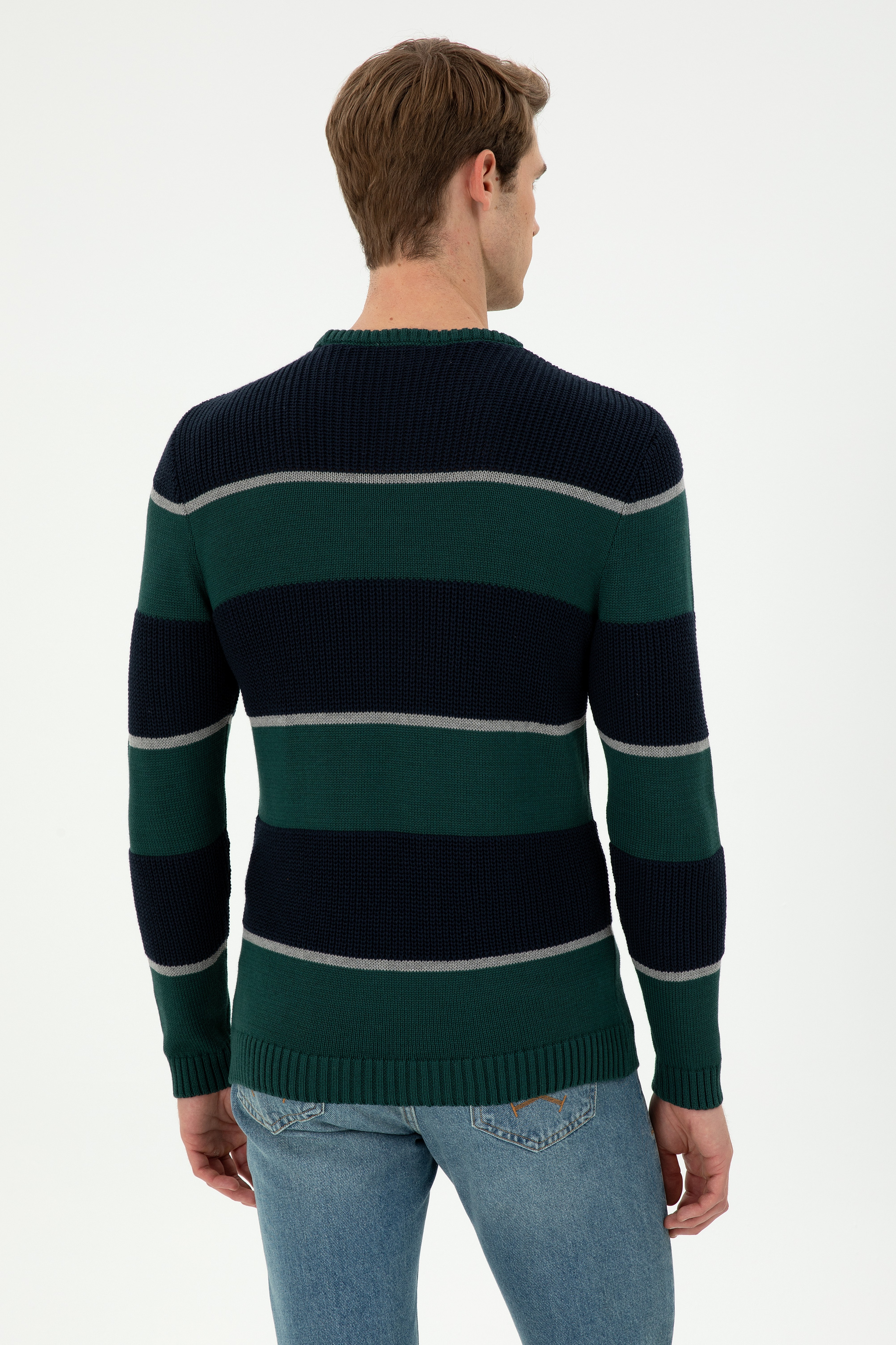 Erkek Slim Fit Bisiklet Yaka Koyu Yeşil Kazak
