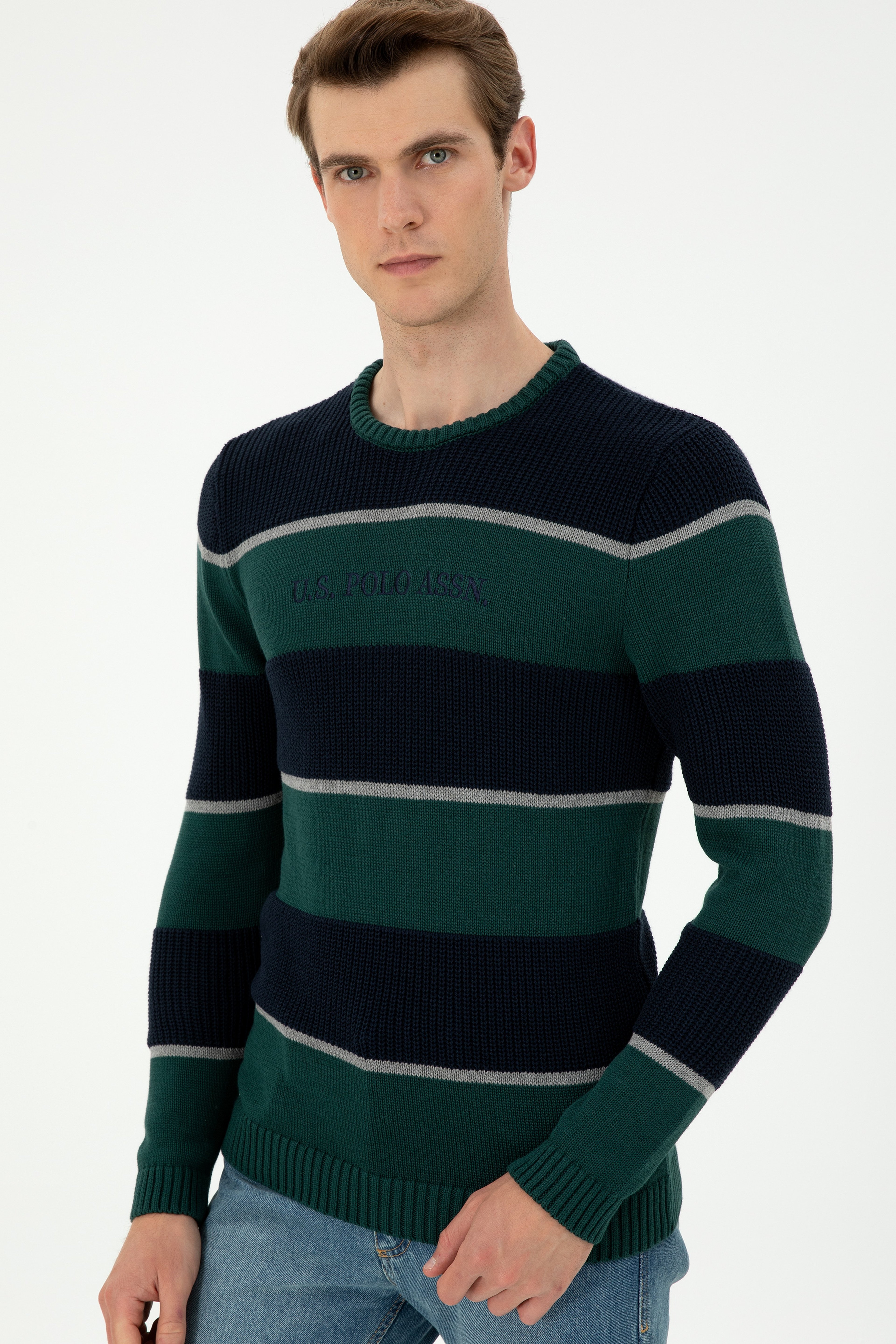 Erkek Slim Fit Bisiklet Yaka Koyu Yeşil Kazak