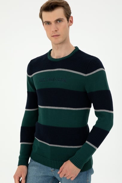 Erkek Slim Fit Bisiklet Yaka Koyu Yeşil Kazak