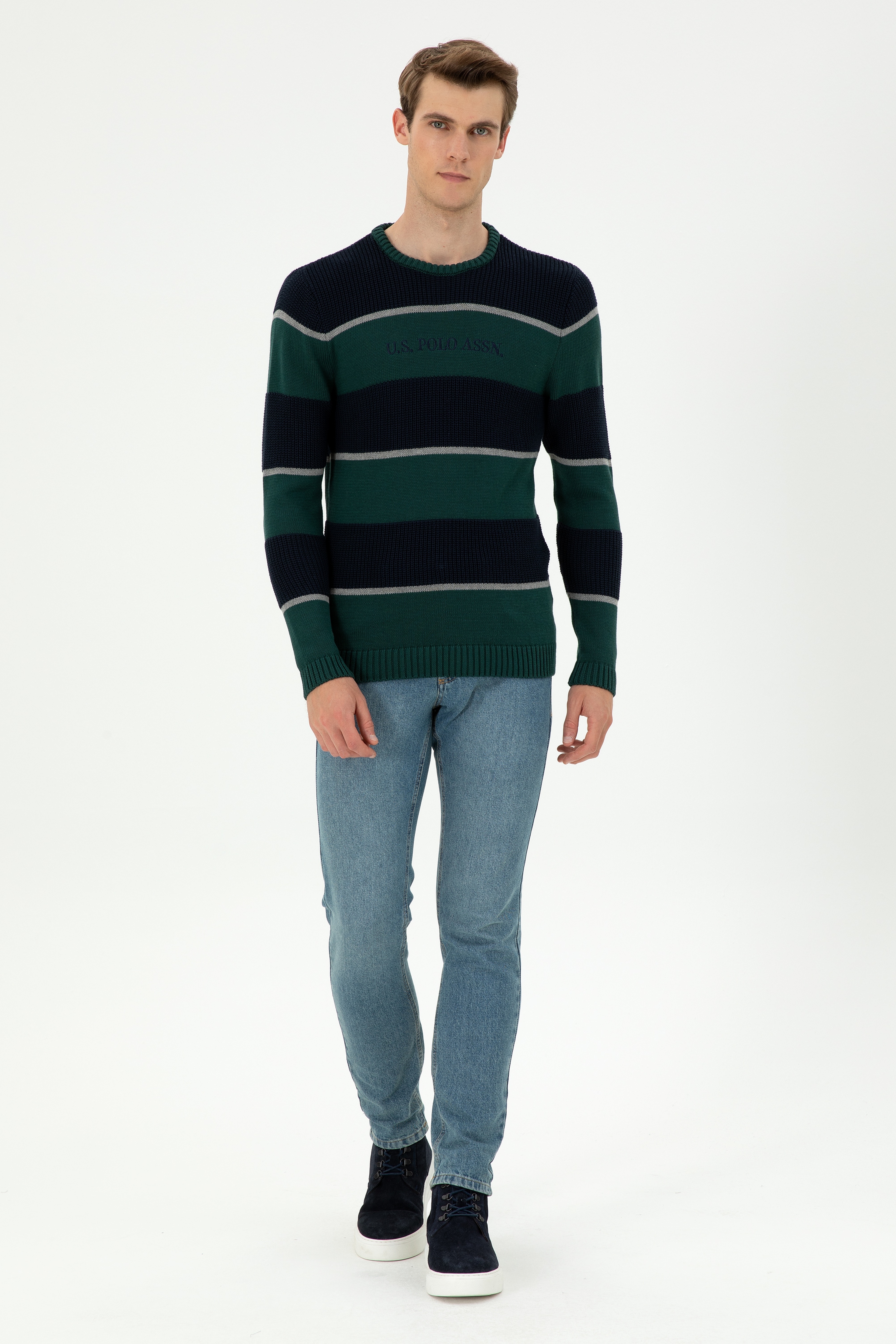 Erkek Slim Fit Bisiklet Yaka Koyu Yeşil Kazak