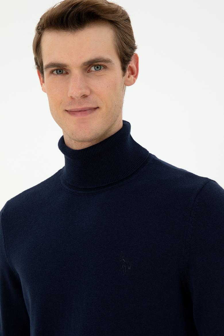 Erkek Slim Fit Boğazlı Yaka Lacivert Basic Kazak - 50294781064