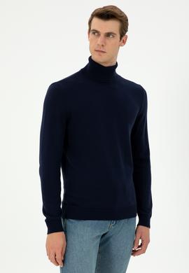 Erkek Slim Fit Boğazlı Yaka Lacivert Basic Kazak - 50294781064