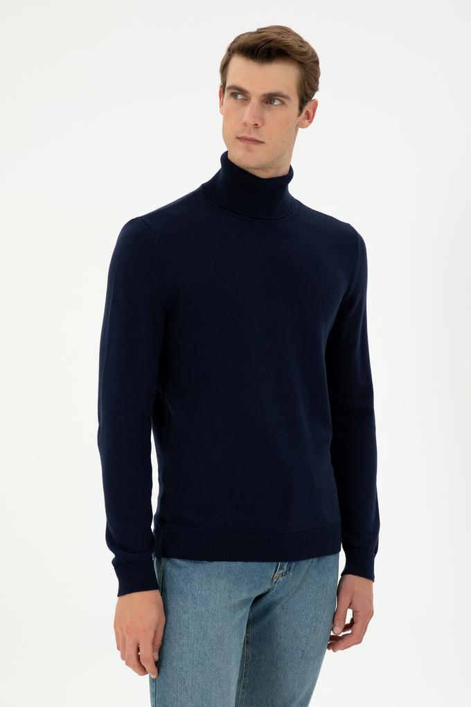 Erkek Slim Fit Boğazlı Yaka Lacivert Basic Kazak