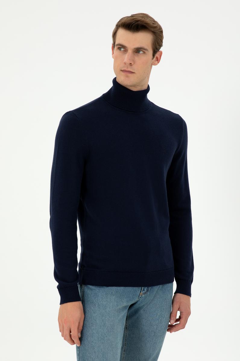 Erkek Slim Fit Boğazlı Yaka Lacivert Basic Kazak