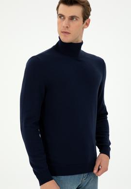 Erkek Slim Fit Boğazlı Yaka Lacivert Basic Kazak - 50294781064