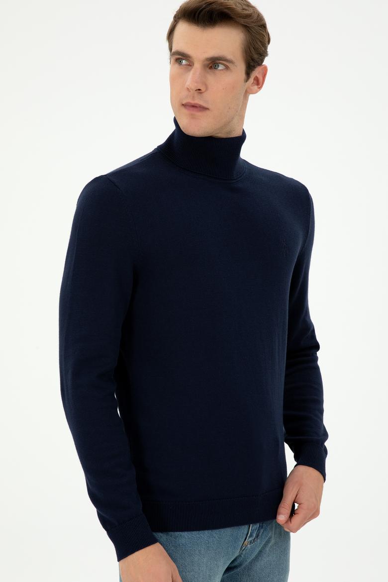 Erkek Slim Fit Boğazlı Yaka Lacivert Basic Kazak - 50294781064