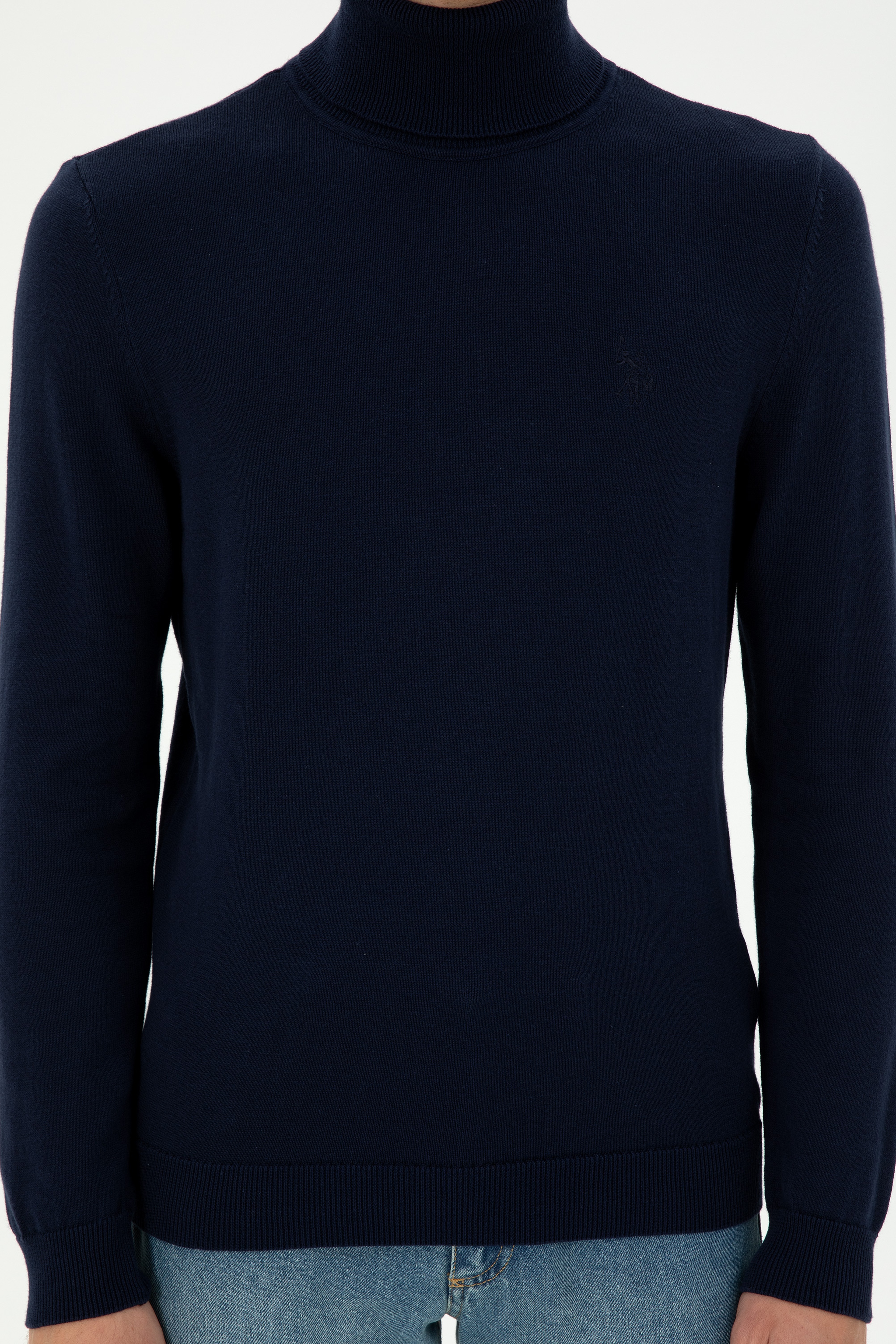 Erkek Slim Fit Boğazlı Yaka Lacivert Basic Kazak