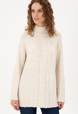 Kadın Krem Melanj Balıkçı Yaka Kazak - 50293141026