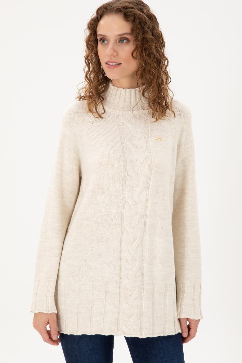 Kadın Krem Melanj Balıkçı Yaka Kazak - 50293141026