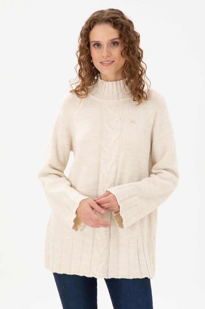 Kadın Krem Melanj Balıkçı Yaka Kazak