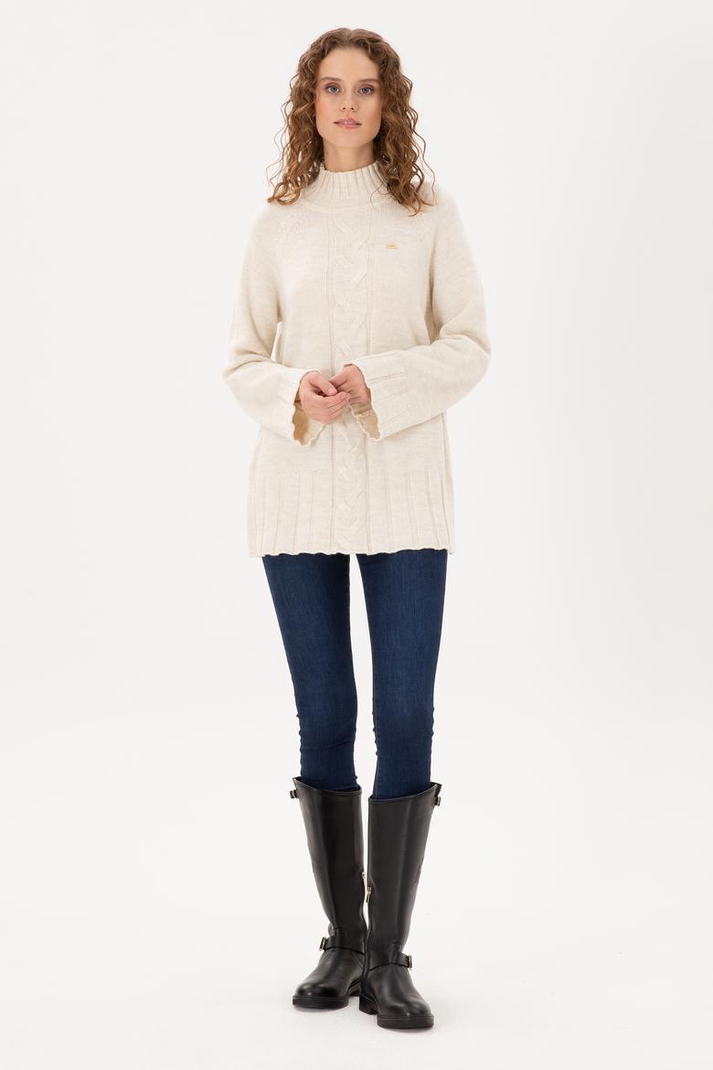 Kadın Krem Melanj Balıkçı Yaka Kazak - 50293141026