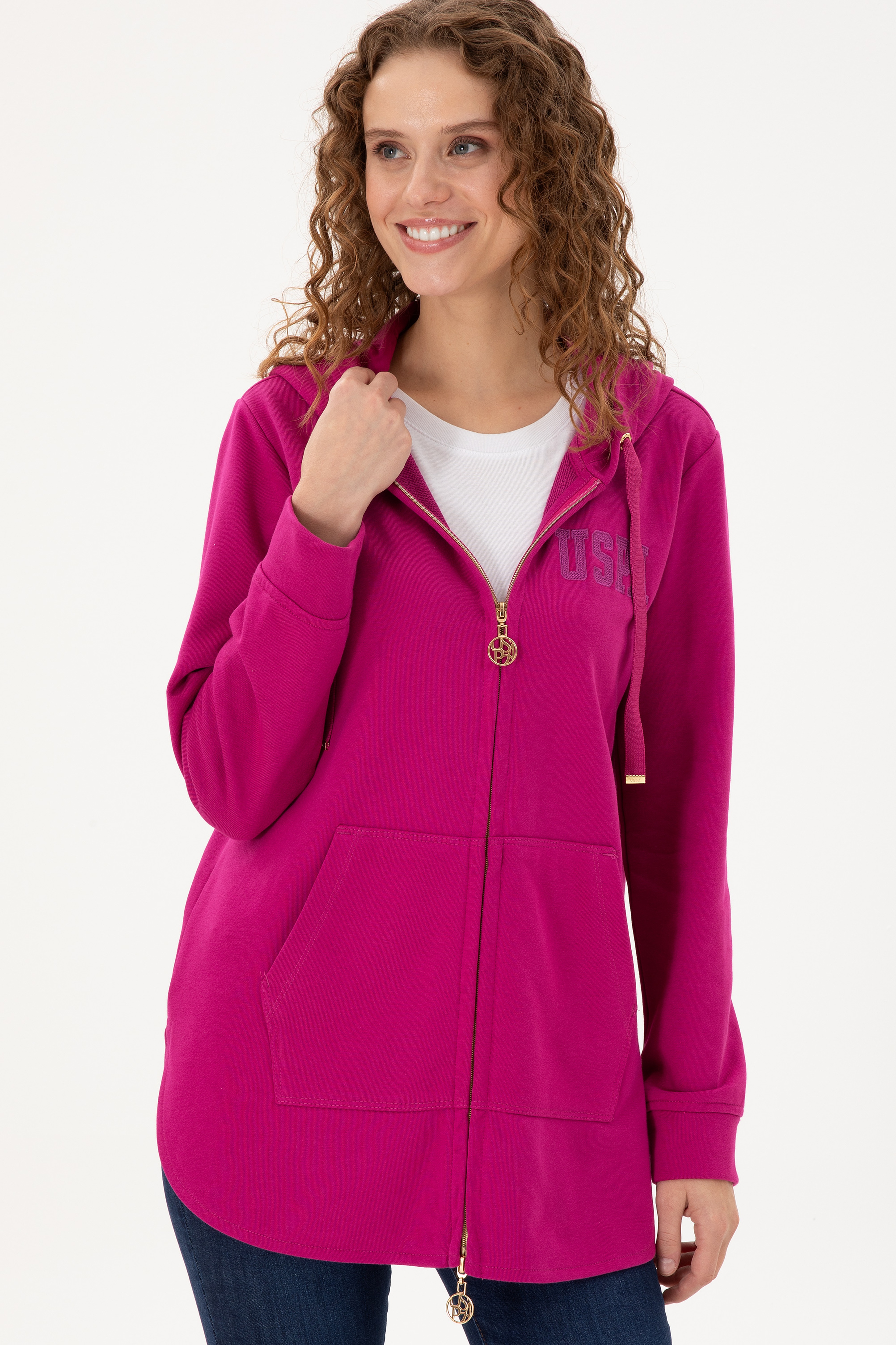 Kadın Fuşya Kapüşonlu Sweatshirt - Image 3