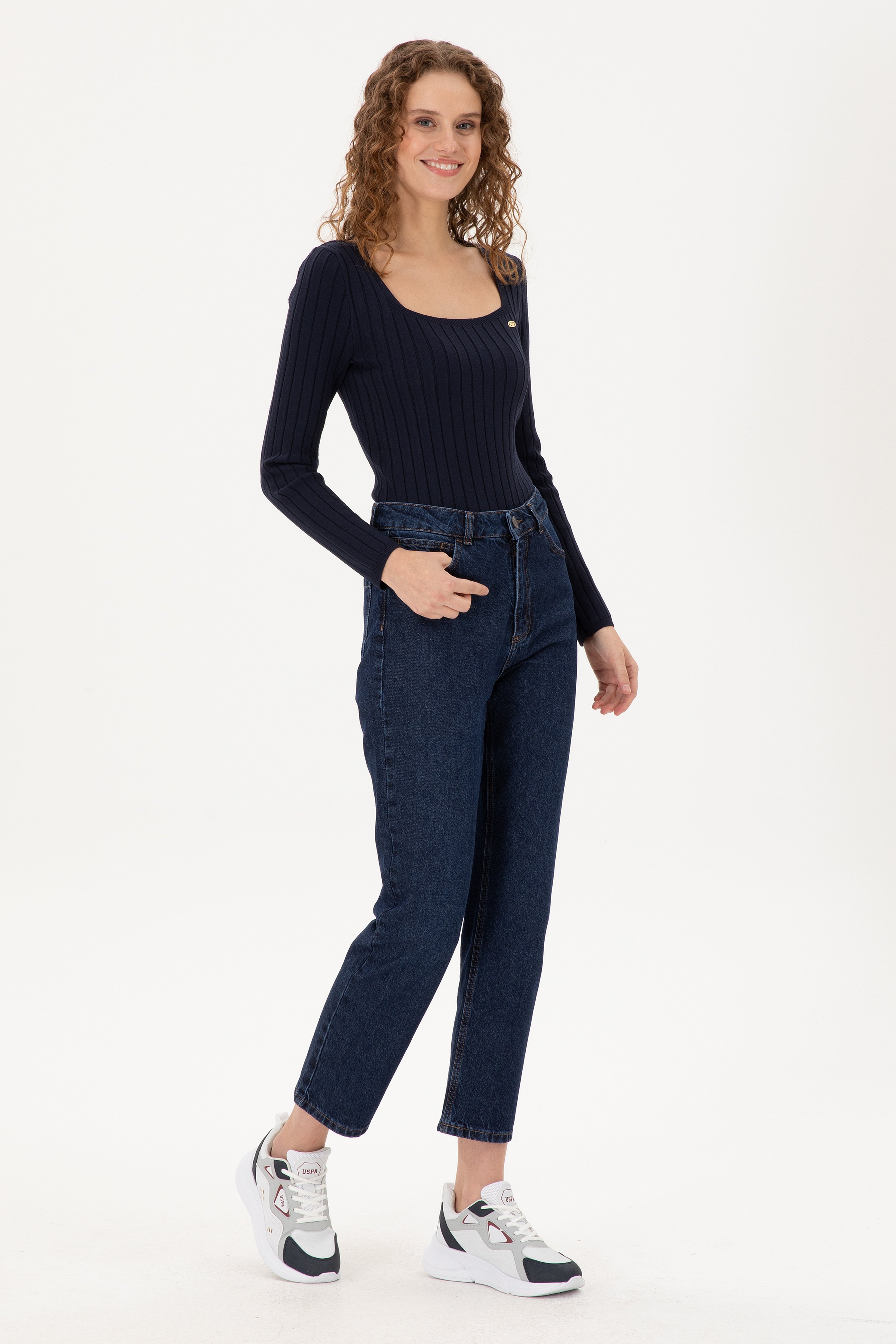 Kadın Koyu Mavi Straight Fit Jean Pantolon - Image 1