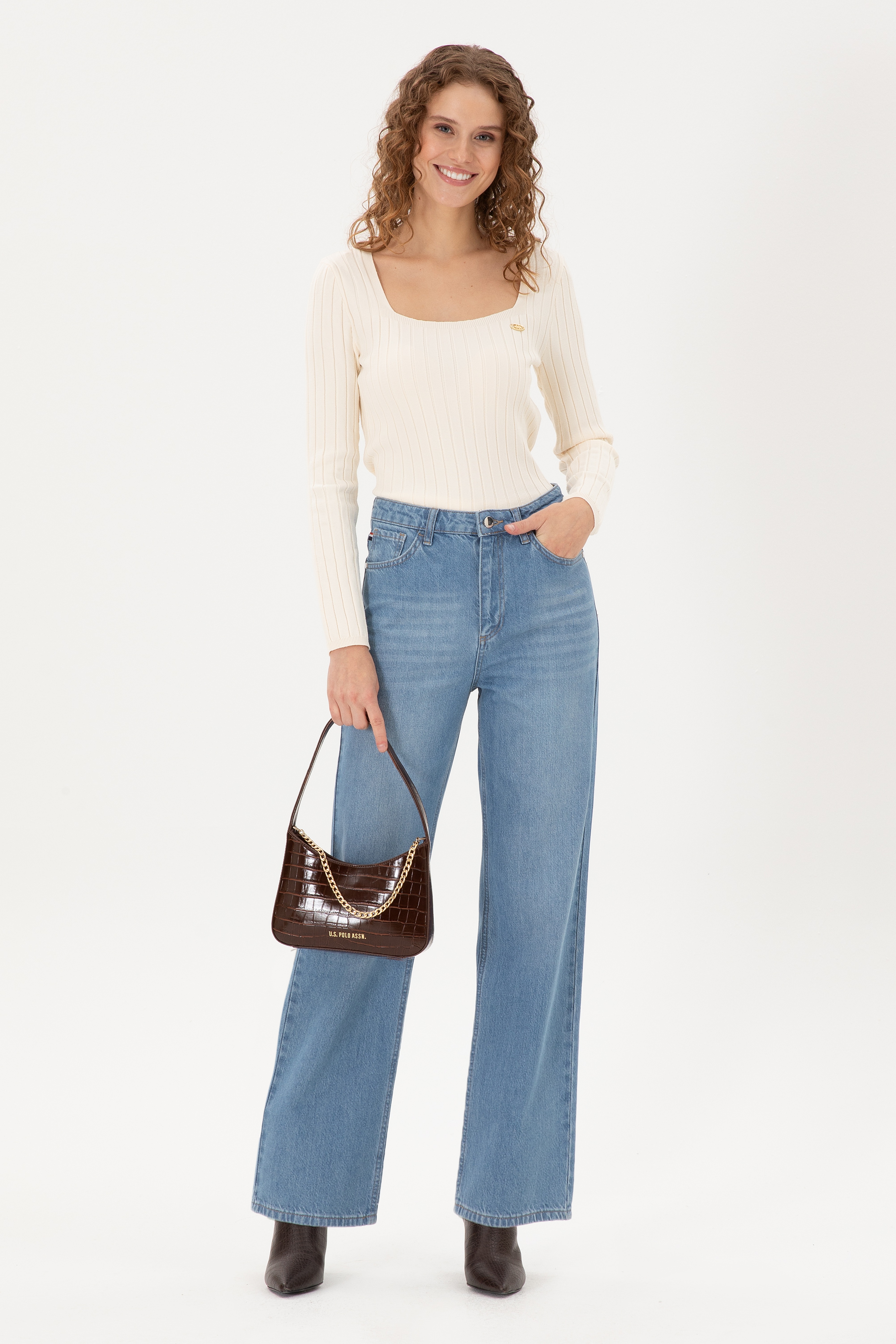 Kadın Açık Mavi Flare High Waist Fit Jean Pantolon - Image 1