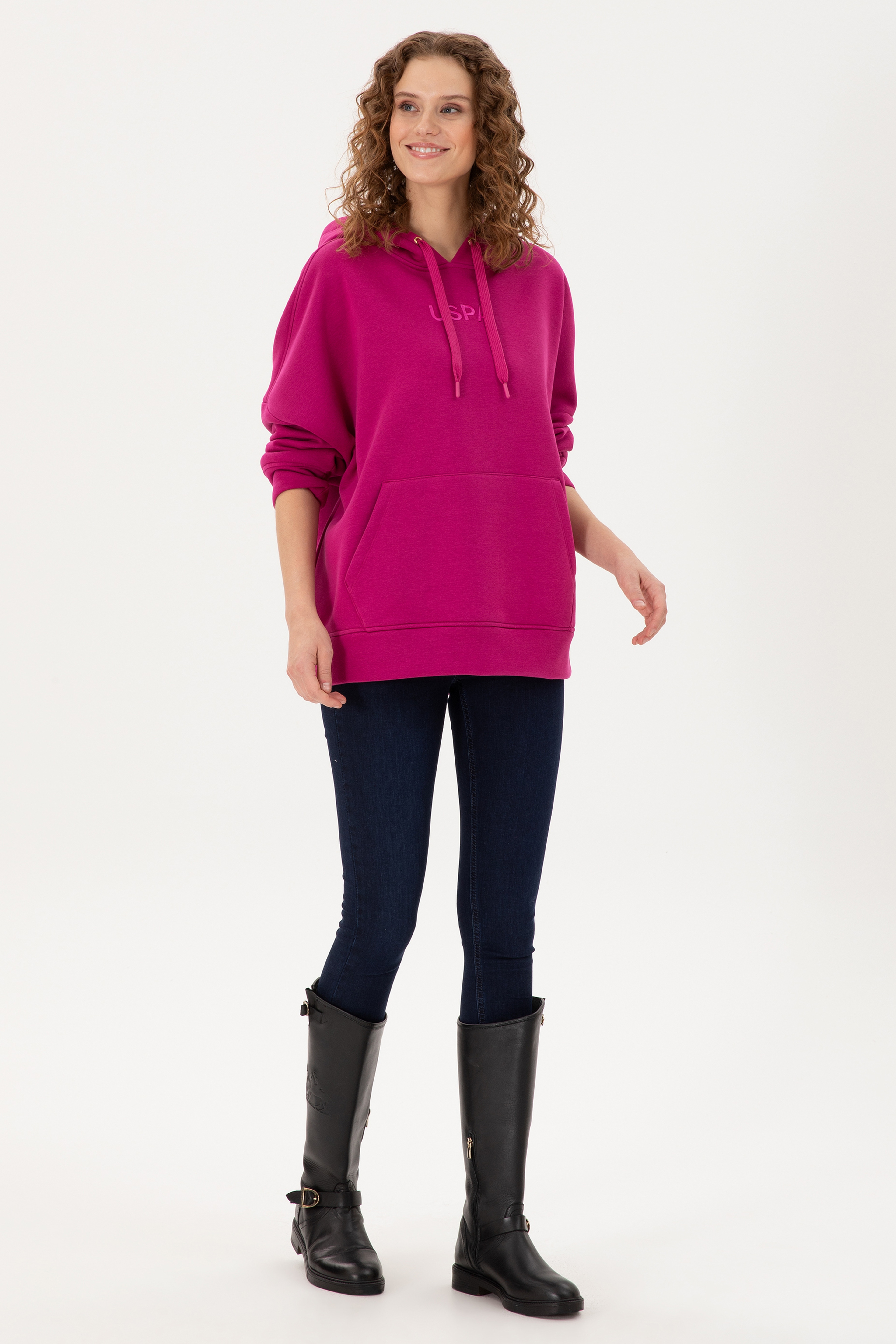 Kadın Fuşya Kapüşonlu Sweatshirt - Image 4