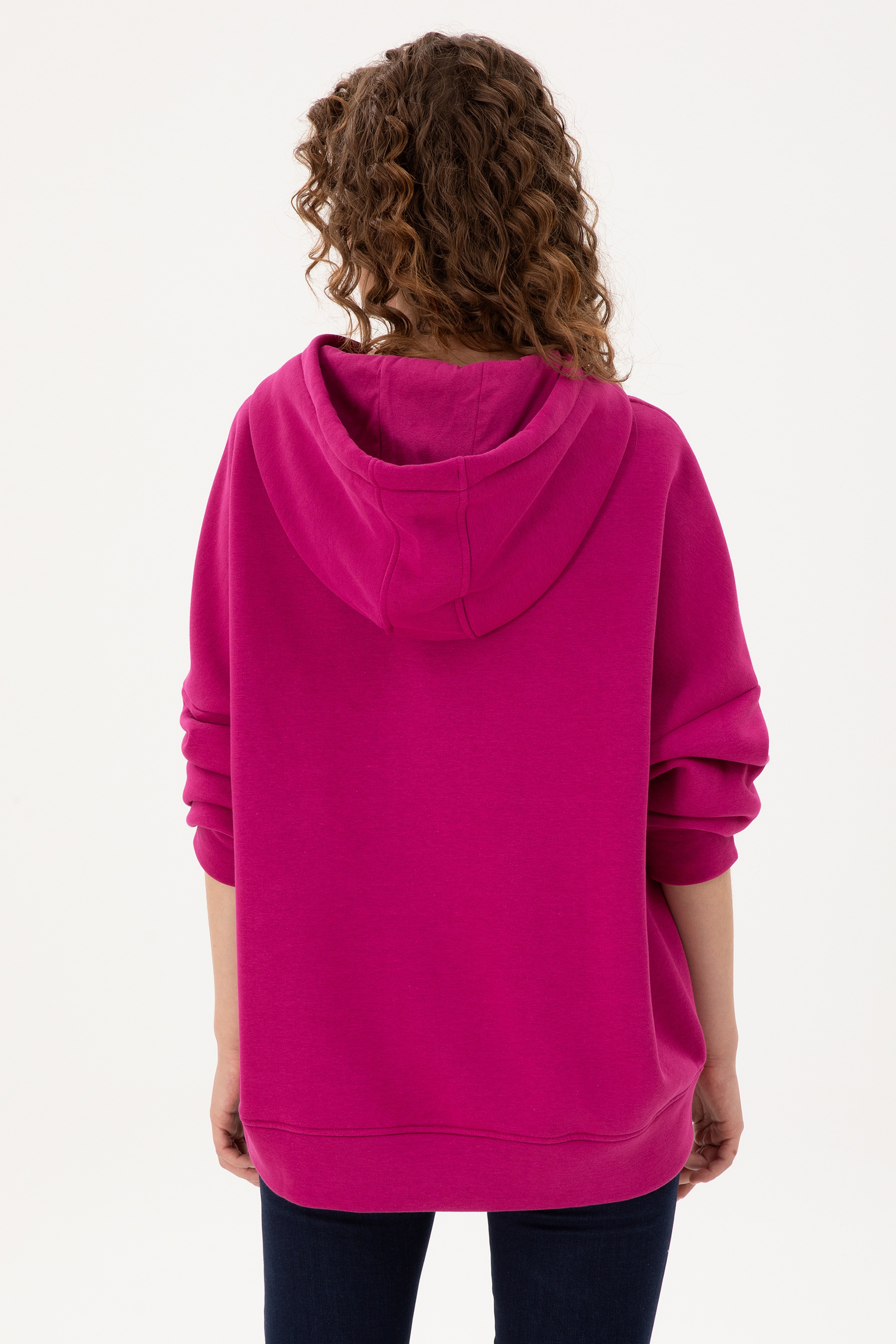 Kadın Fuşya Kapüşonlu Sweatshirt - Image 5
