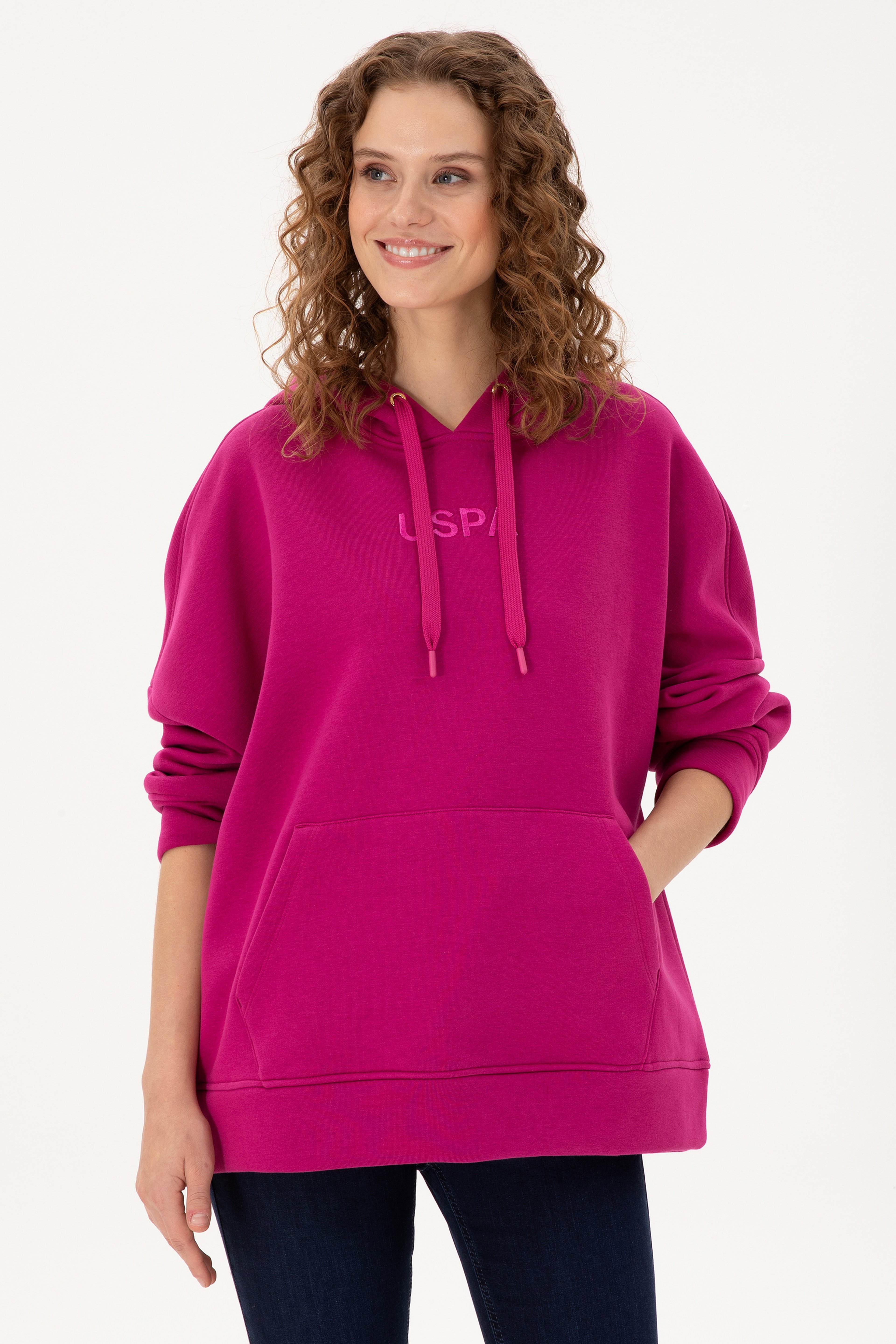 Kadın Fuşya Kapüşonlu Sweatshirt - Image 1