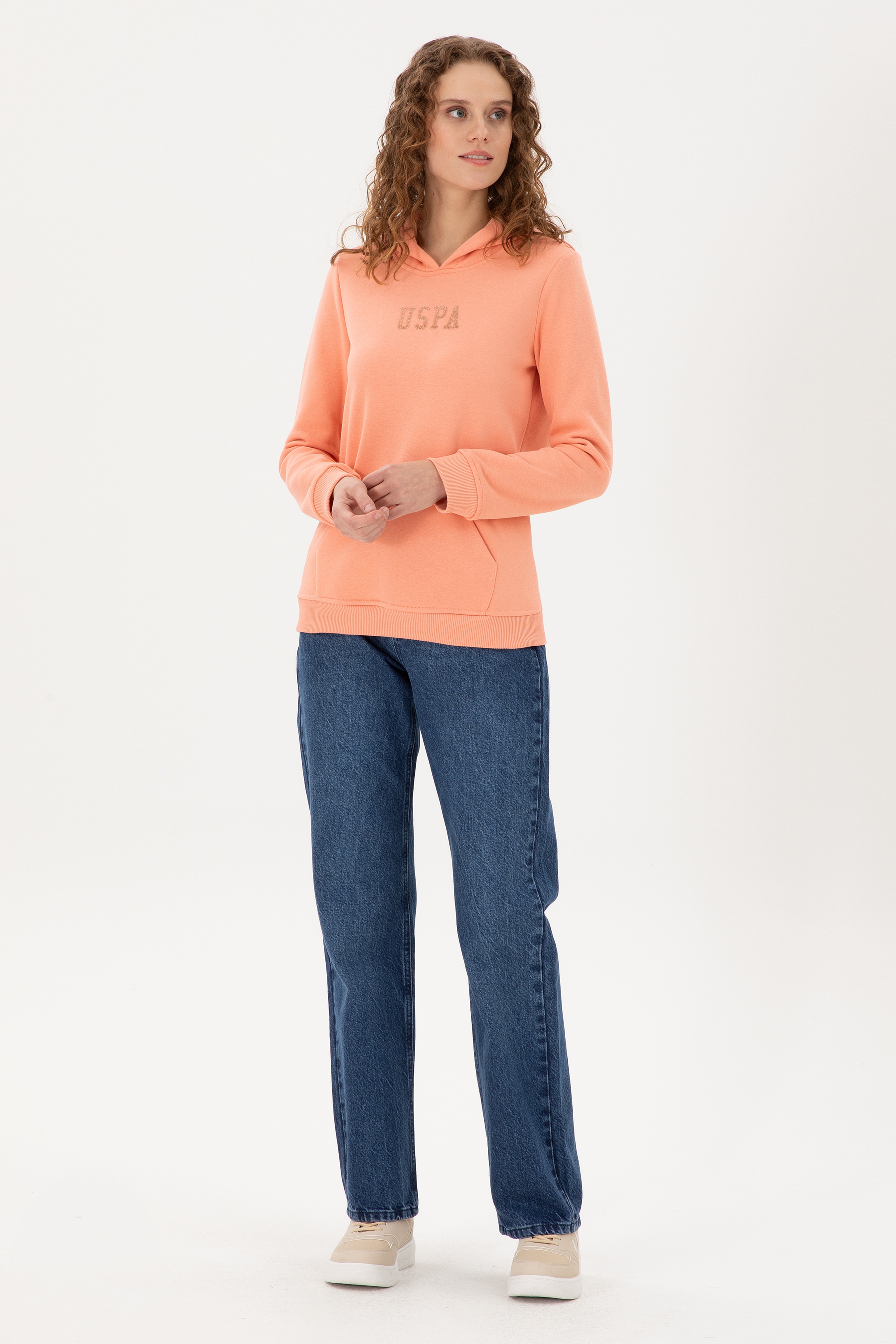 Kadın Somon Basic Kapüşonlu Sweatshirt