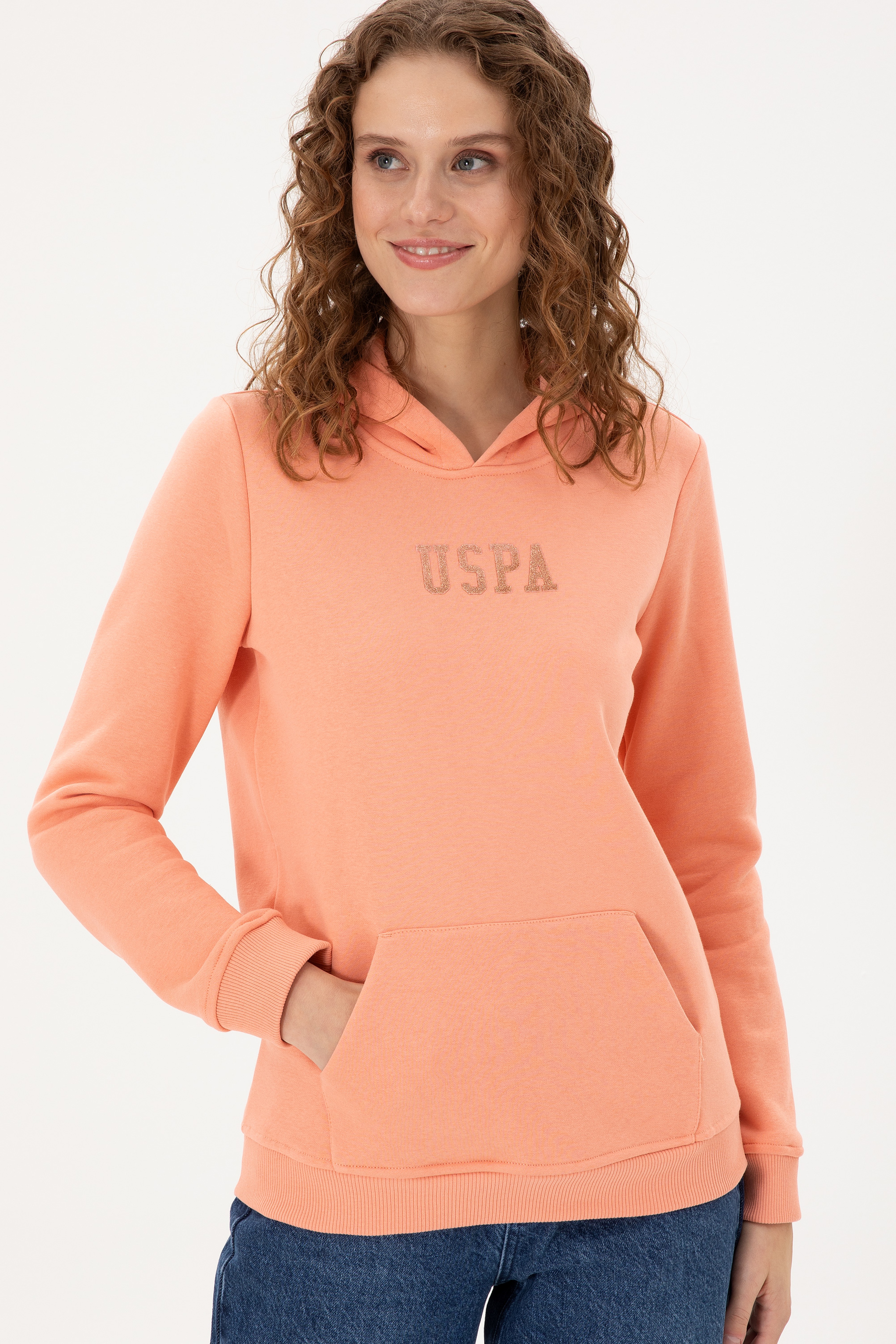 Kadın Somon Basic Kapüşonlu Sweatshirt - Image 3