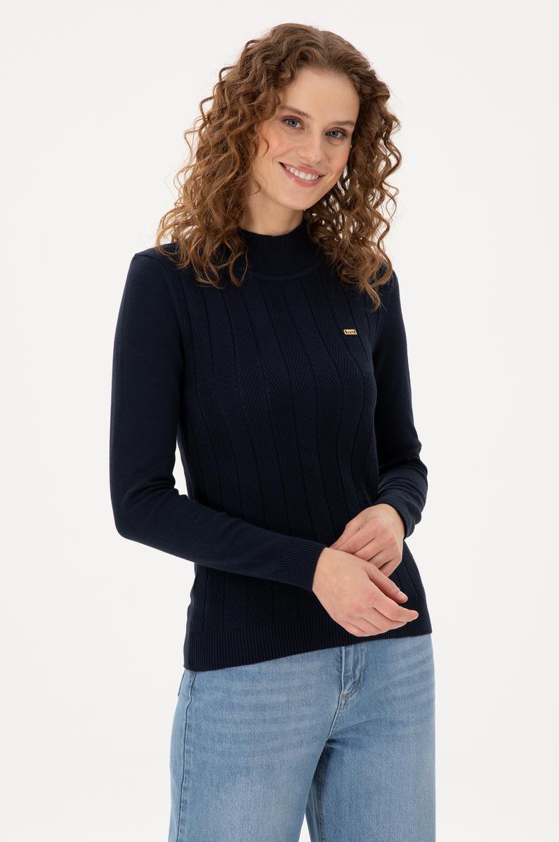 Kadın Lacivert Balıkçı Yaka Kazak