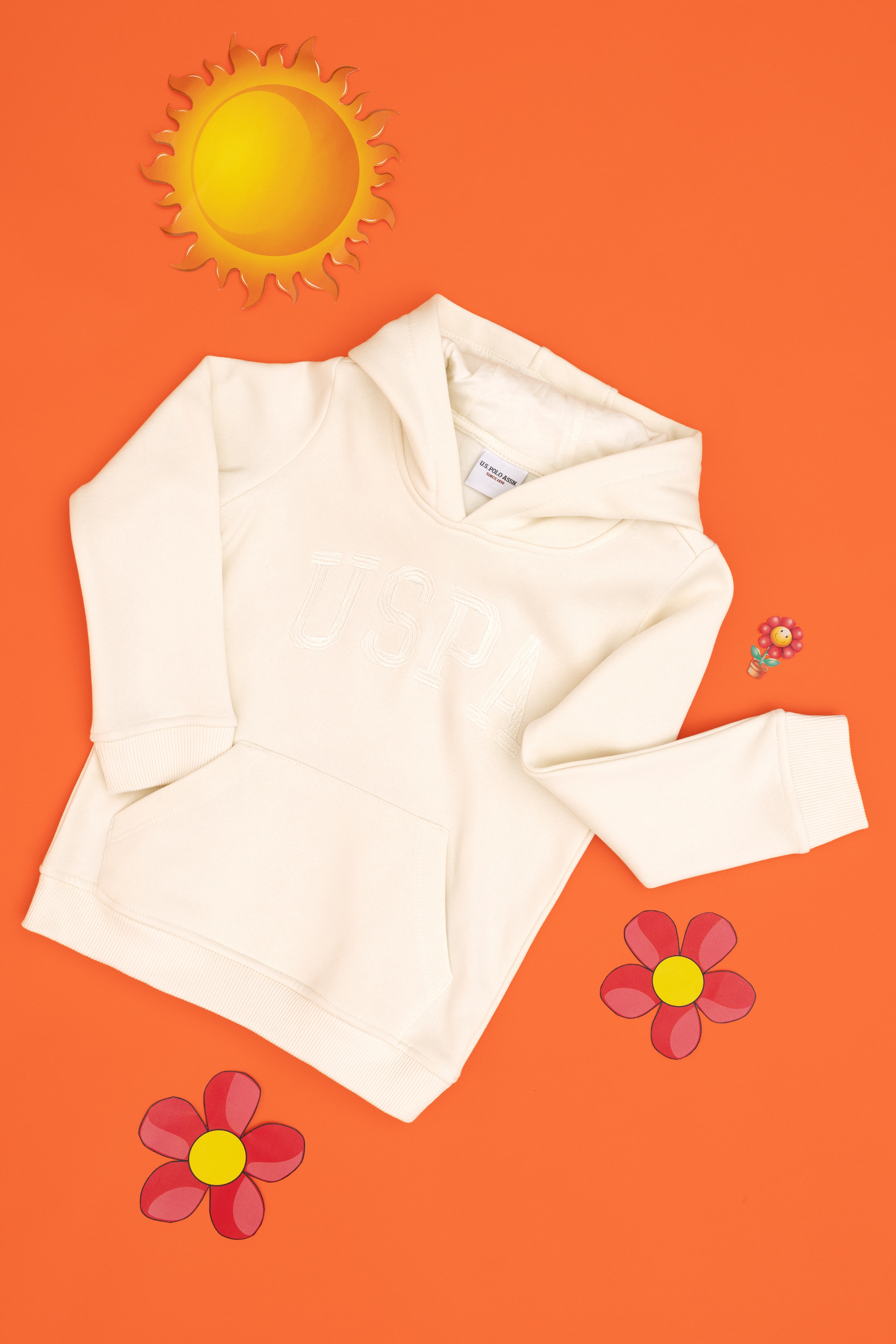Kız Çocuk Krem Kapüşonlu Basic Sweatshirt - Image 3