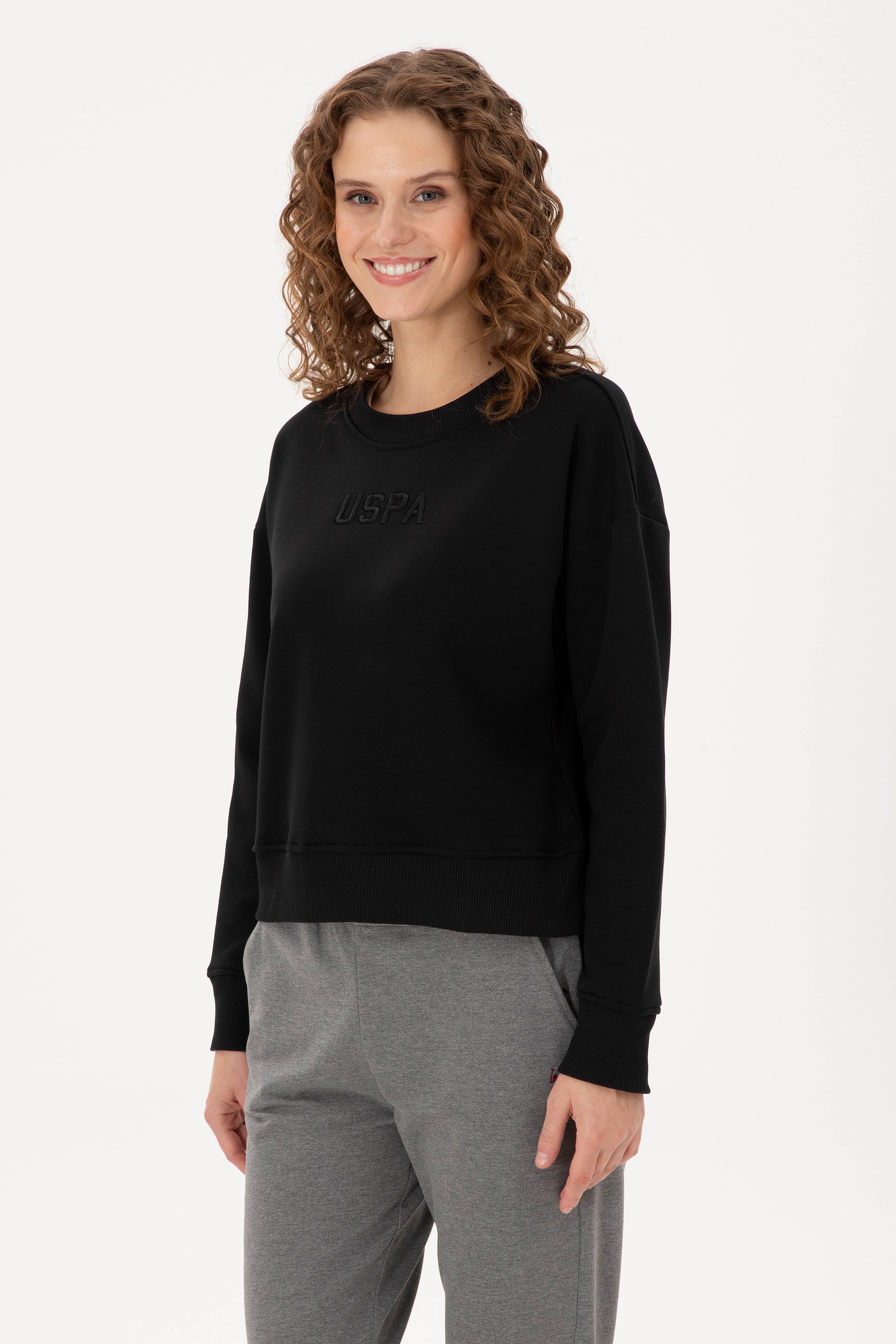 Kadın Siyah Bisiklet Yaka Sweatshirt - Image 1