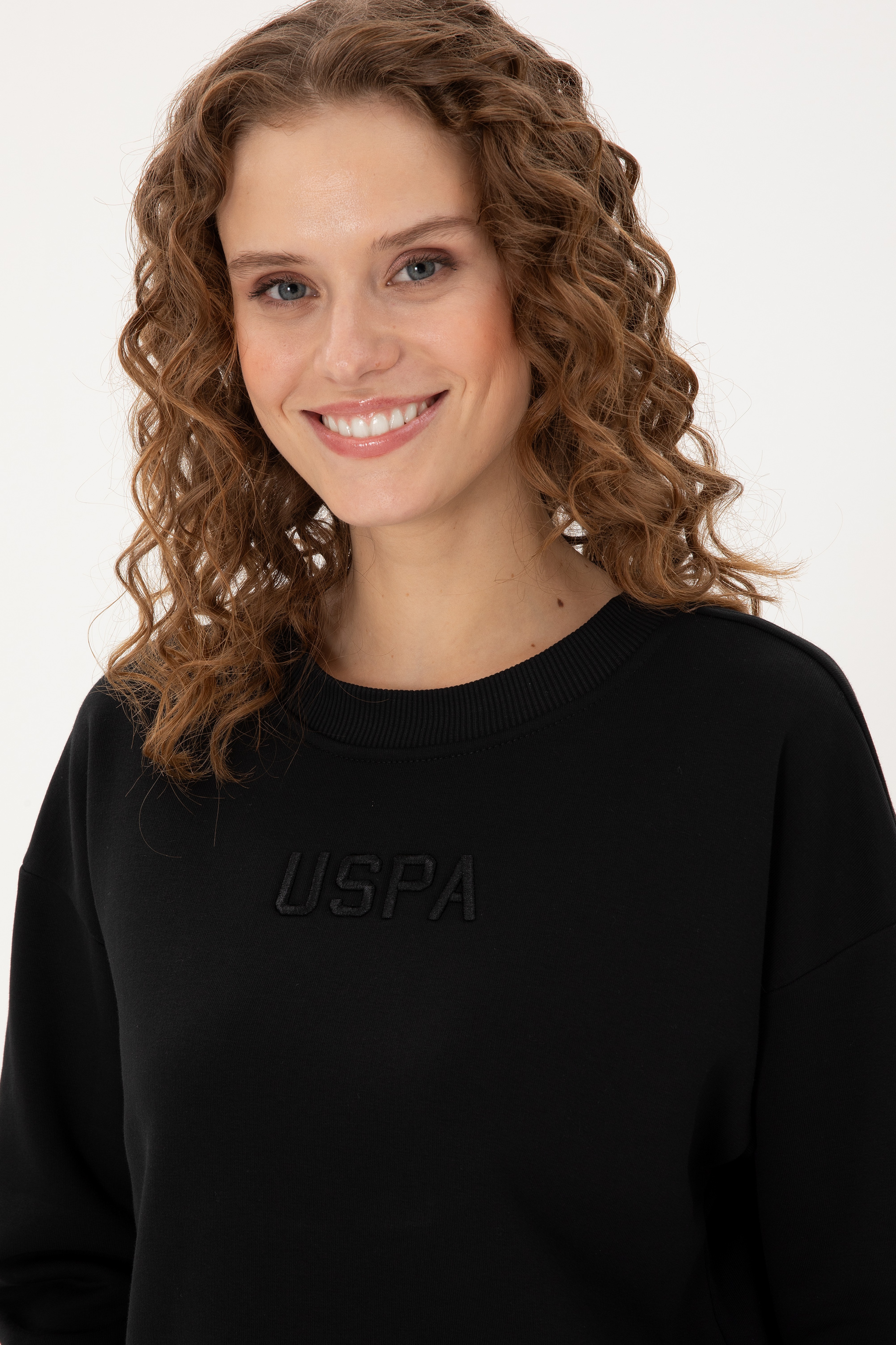 Kadın Siyah Bisiklet Yaka Sweatshirt - Image 2