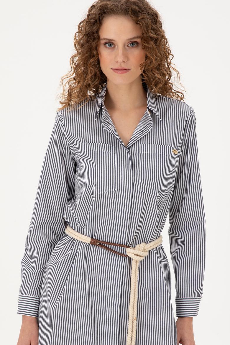 Kadın Lacivert Çizgili Mini Boy Dokuma Elbise - 50297375028