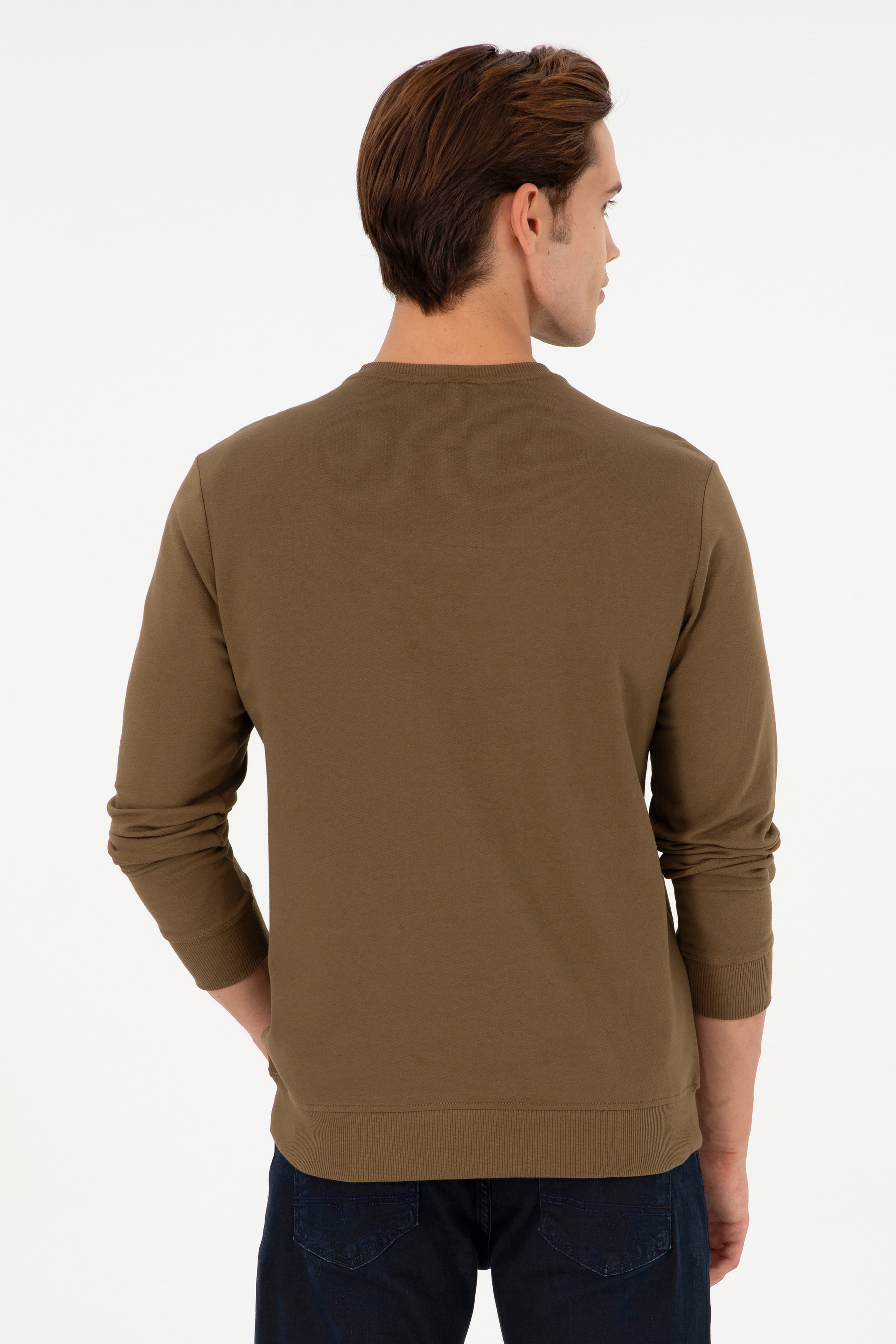 Erkek Regular Fit Bisiklet Yaka Haki Sweatshirt - Image 5