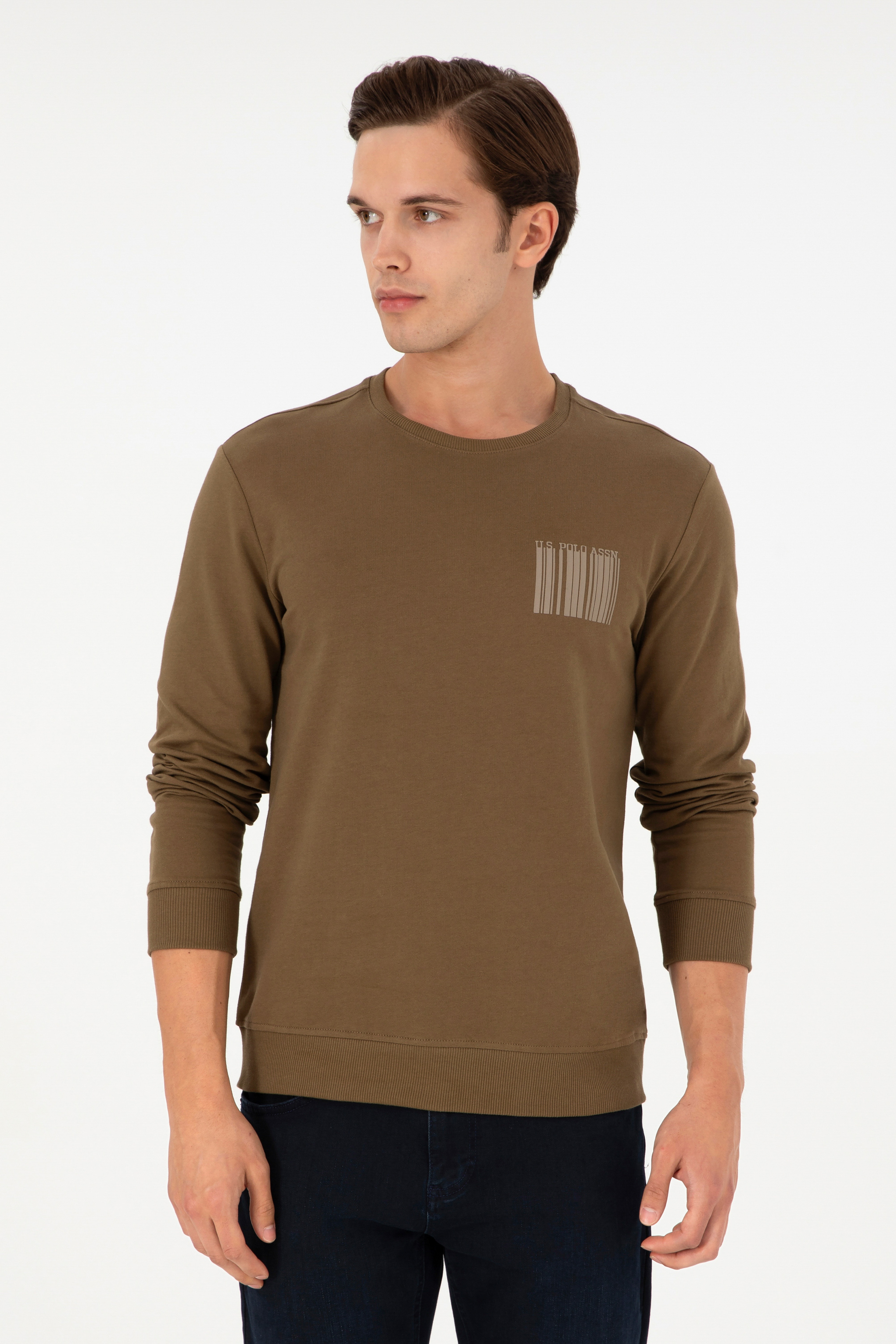 Erkek Regular Fit Bisiklet Yaka Haki Sweatshirt - Image 1