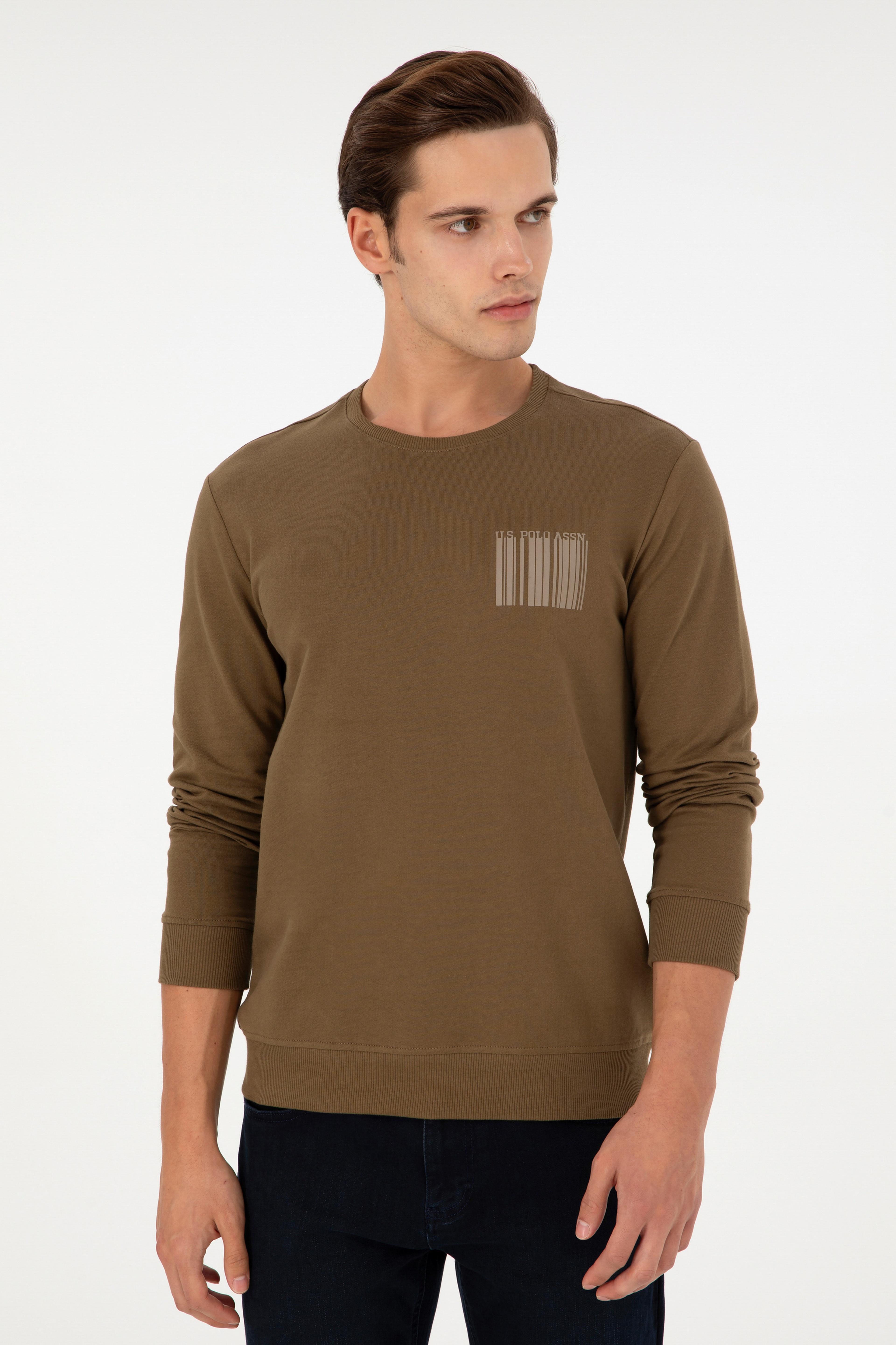 Erkek Regular Fit Bisiklet Yaka Haki Sweatshirt - Image 3