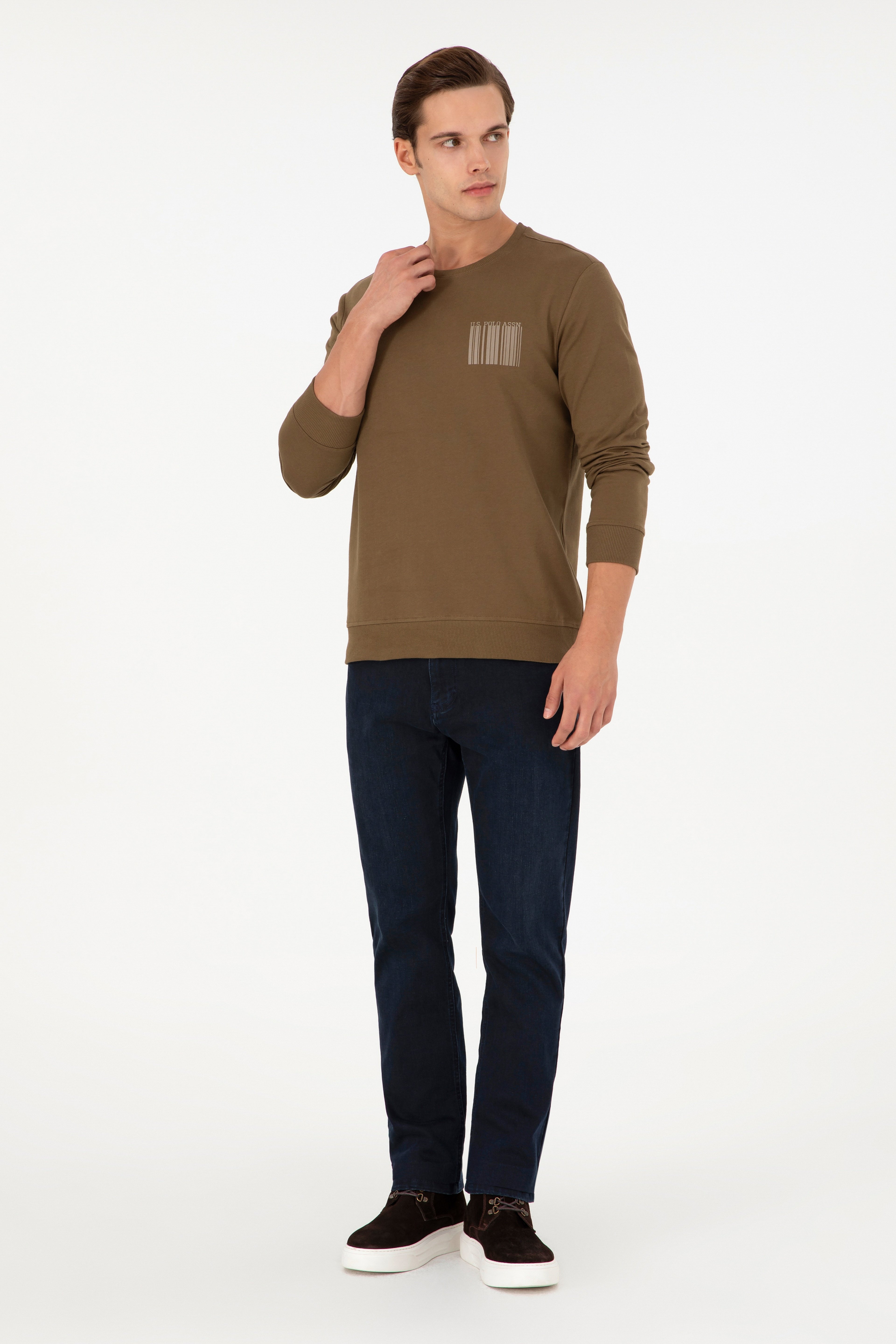 Erkek Regular Fit Bisiklet Yaka Haki Sweatshirt