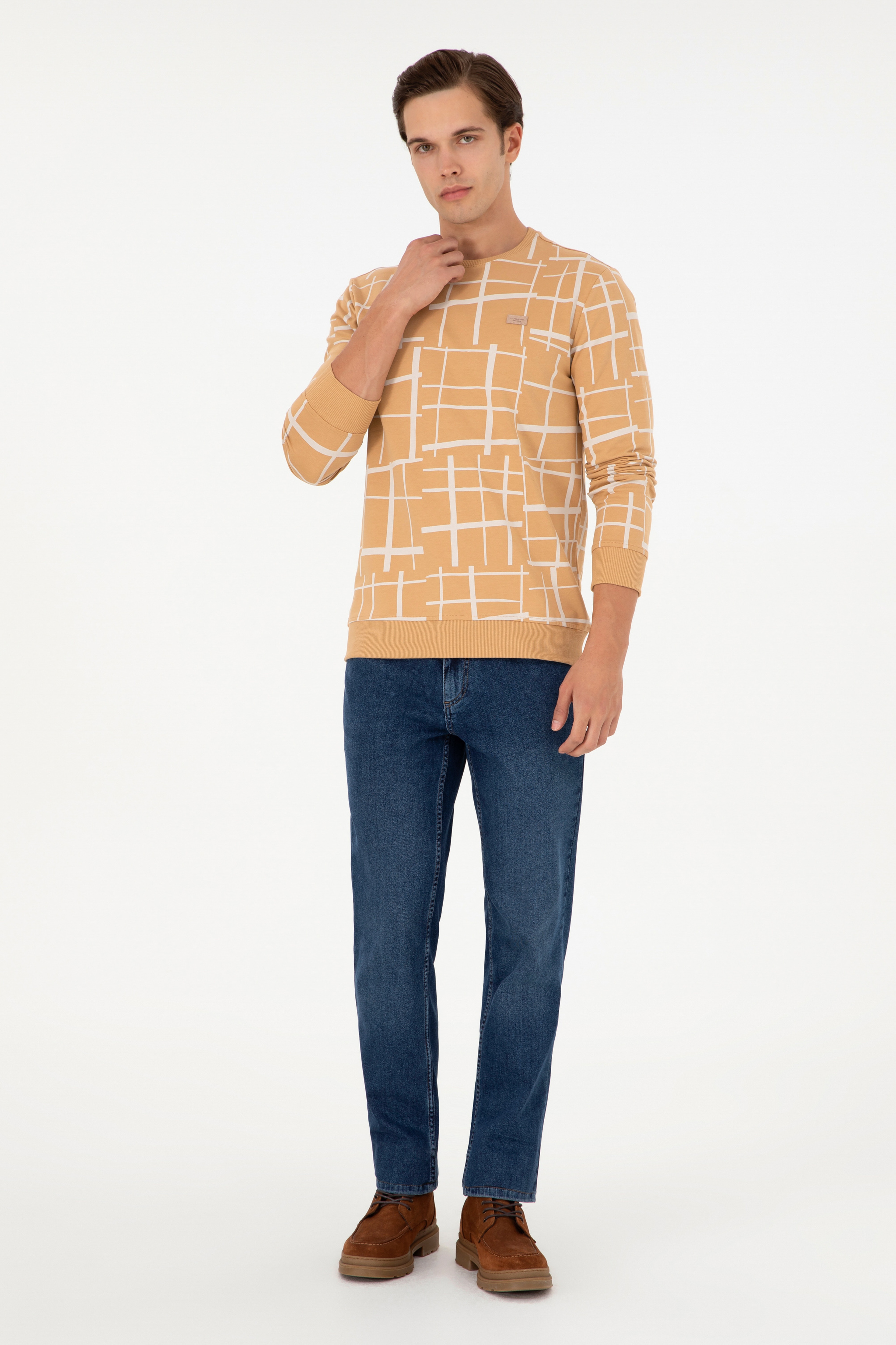 Erkek Regular Fit Bisiklet Yaka Camel Sweatshirt - Image 4