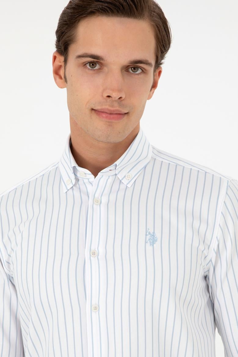 Erkek Açık Mavi Çizgili Beyaz Gömlek - 50296420019