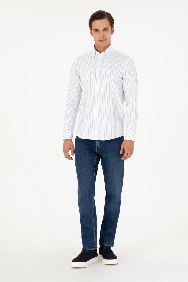 Erkek Açık Mavi Çizgili Beyaz Gömlek - 50296420019