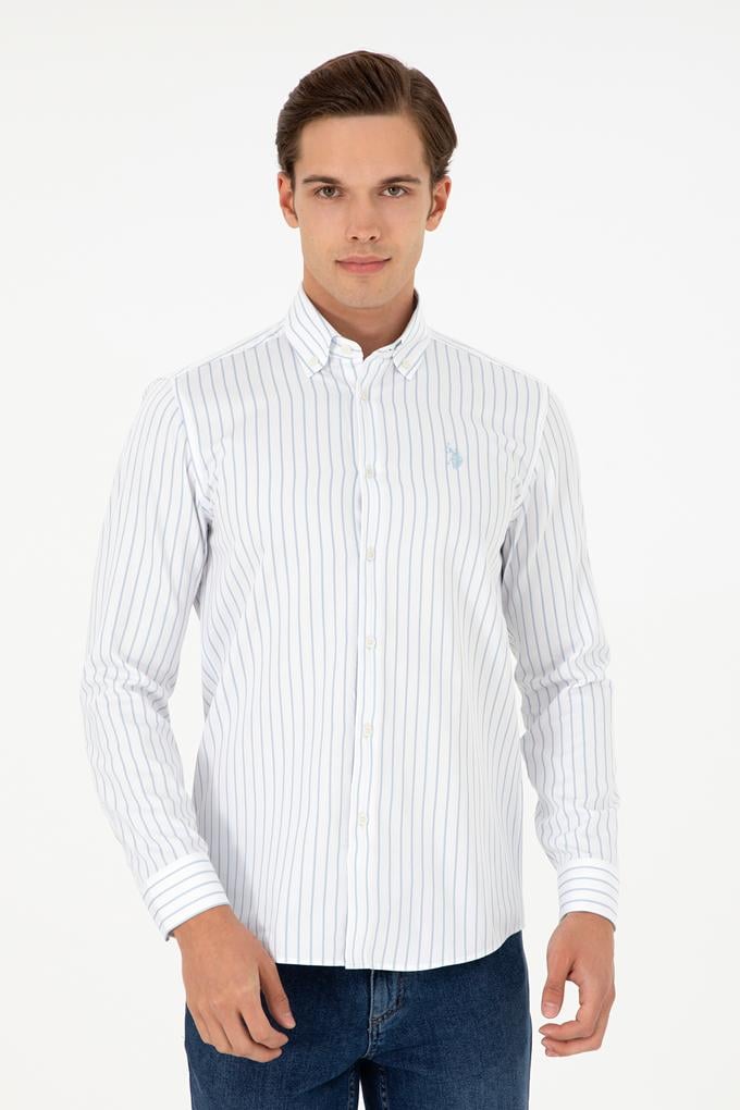Erkek Açık Mavi Çizgili Beyaz Gömlek