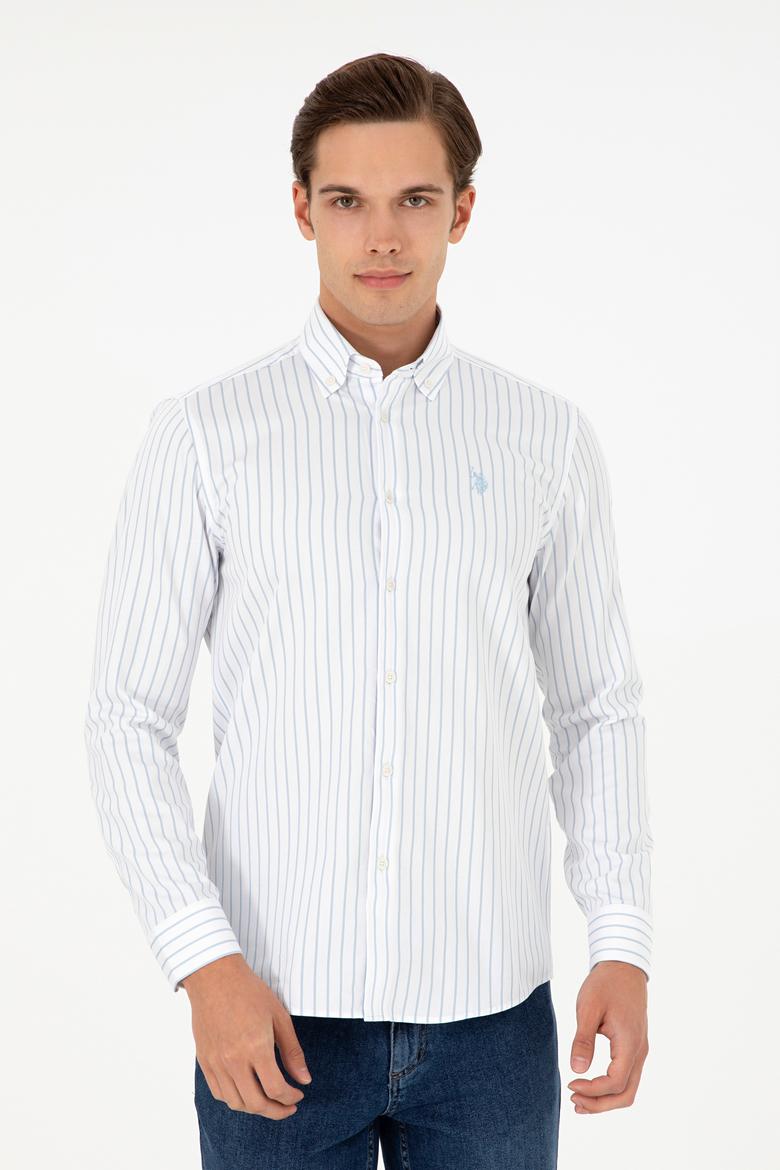 Erkek Açık Mavi Çizgili Beyaz Gömlek